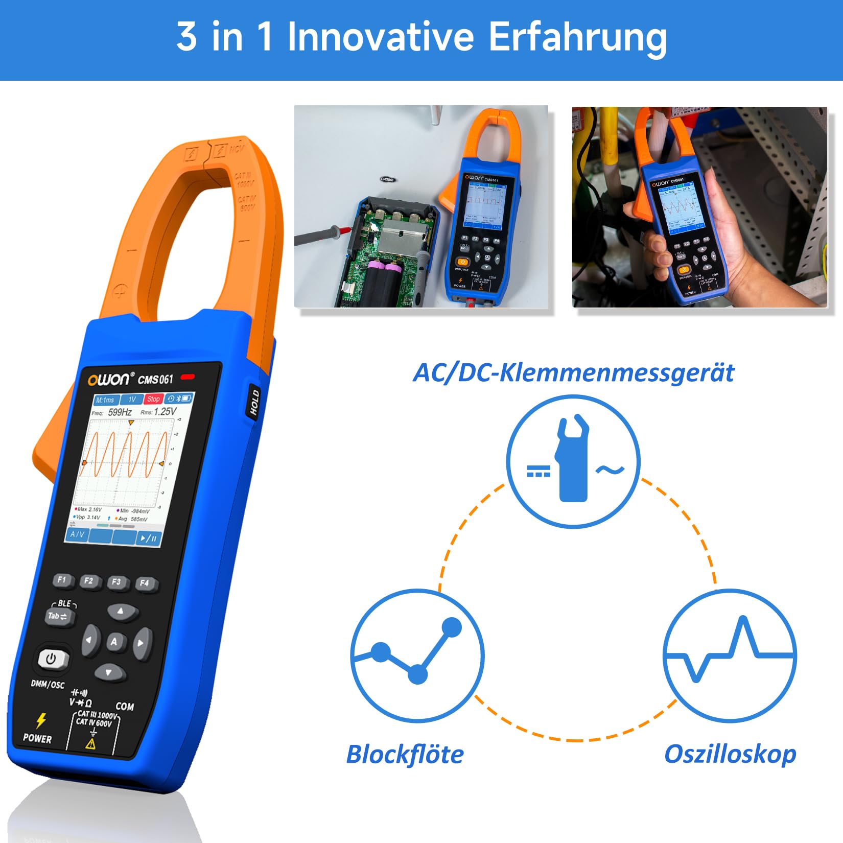 OWON CMS061 600A AC/DC True RMS Zangenamperemeter – Digitales 3-in-1 Multimeter mit Oszilloskop & Datenlogger, Inrush-Strommessung, Bluetooth, Touchscreen, NCV, 2,8" IPS-Farbdisplay