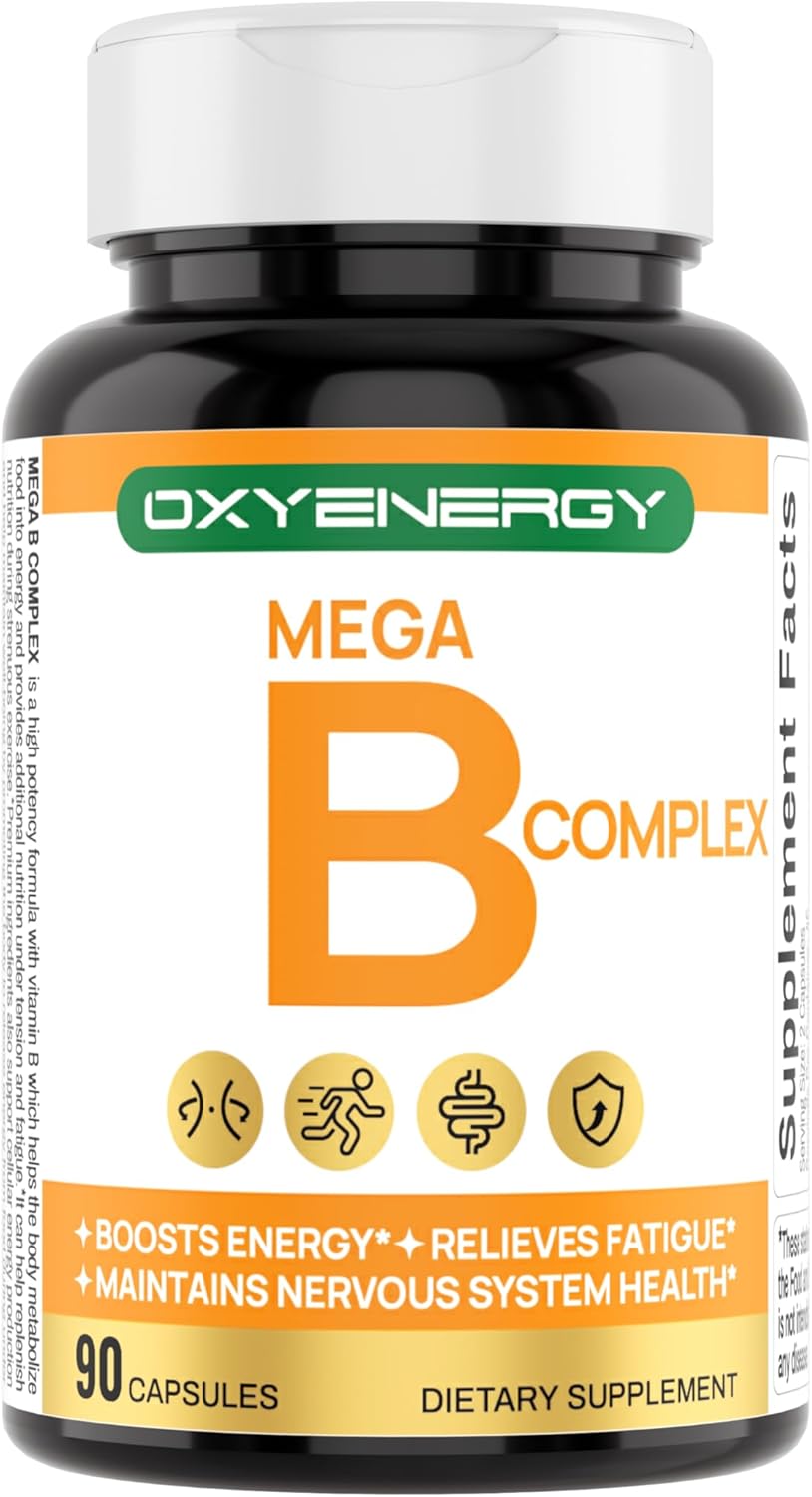 OxyEnergy Mega Vitamin B Complex for Women and Men, with Choline Inositol Biotin Folic Acid B1 B2 B3 B5 B6 B12, Neurological Health Support Cellular Energy - 90 Capsules,45Days Supply