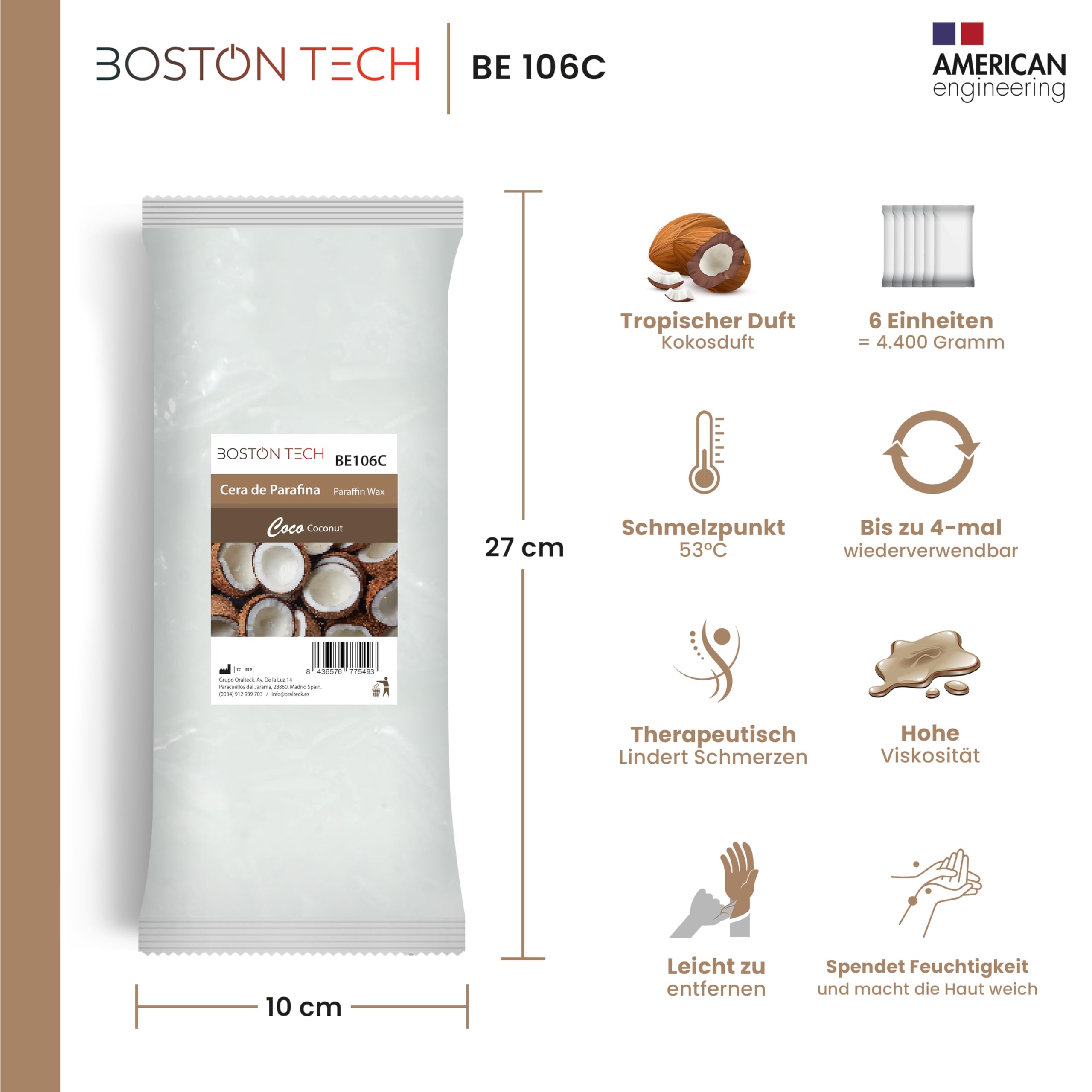 Boston Tech Paraffin für Hände und Füße, kompatibel mit Paraffinbädern, Boston Tech Rehabilitation, Antioxidans, hydratisiert und nährt, 2 Blöcke, ca. 500 g Kokos