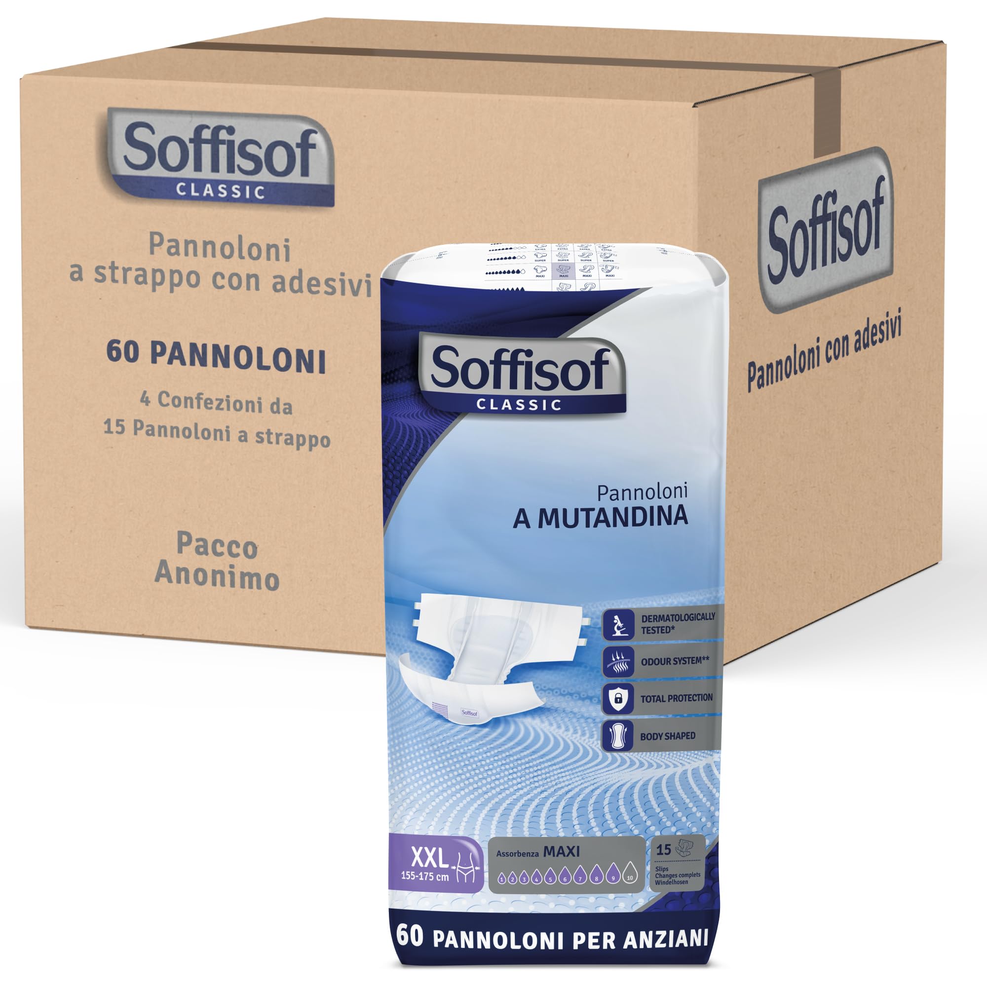 Soffisof Classic Pañales Adultos Maxi XXL - 60x Pañales Adultos Maxima Absorcion Hasta 9 Gotas - 4 Paquetes de 15 Protecciones Incontinencia Hombre y Mujer