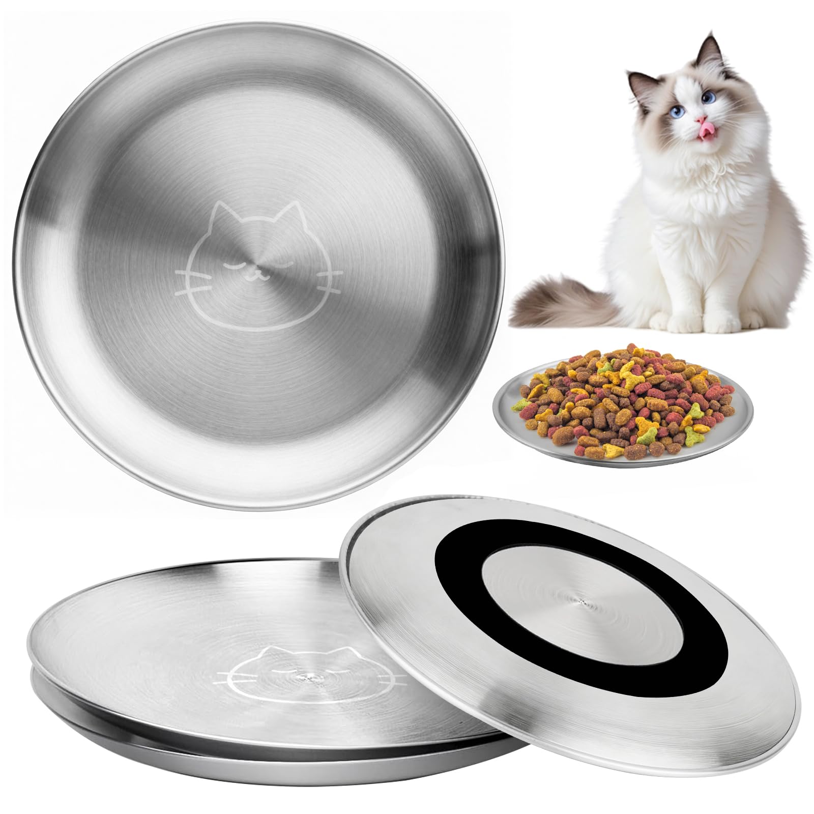4Pcs Cat Bowls Stainless Steel, 17cm Cat Food Bowls, Pet Feeding Bowls, Stainless Steel Non-Slip Plates Shallow for Cats and Small Dog