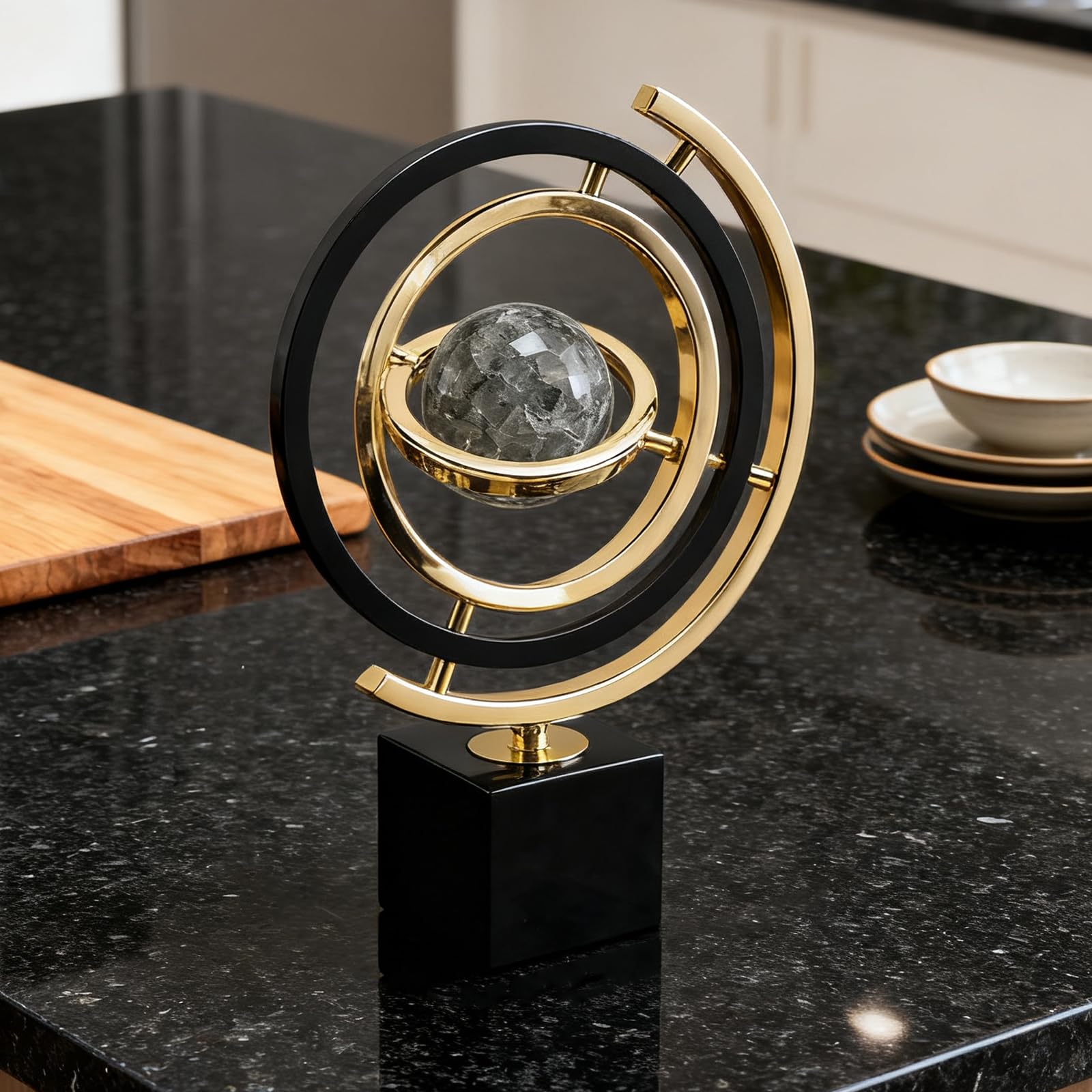 Decorazione Sculture Moderne in Metallo, Sculture di Arte Astratta a Globo Girevole con Supporto Rettangolare, Statua per Scrivania, Libreria e Soggiorno, Nero e Oro