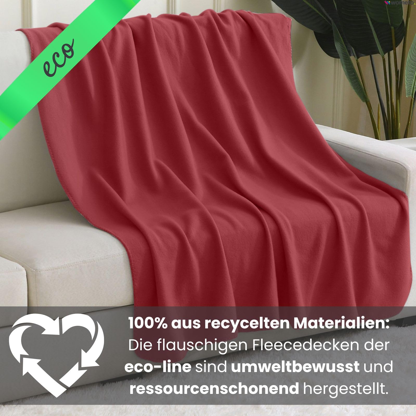wometo Pack de 10 mantas de forro polar ecológico de material 100% reciclado + certificado Öko-Tex, 130 x 160 cm, aprox. 400 g, color rojo oscuro con antibolitas y borde de ribete
