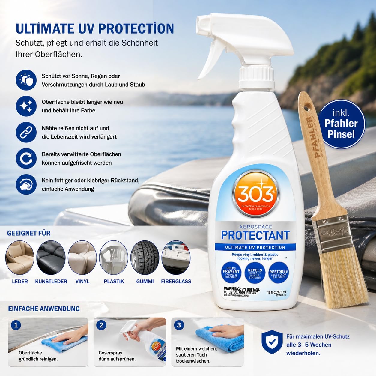 303 Aerospace Protectant 473ml UV Schutzspray Pflegespray für Kunststoff Vinyl Gummi Leder Plastik Kunstleder Fiberglas. inkl. Pfahler Pinsel