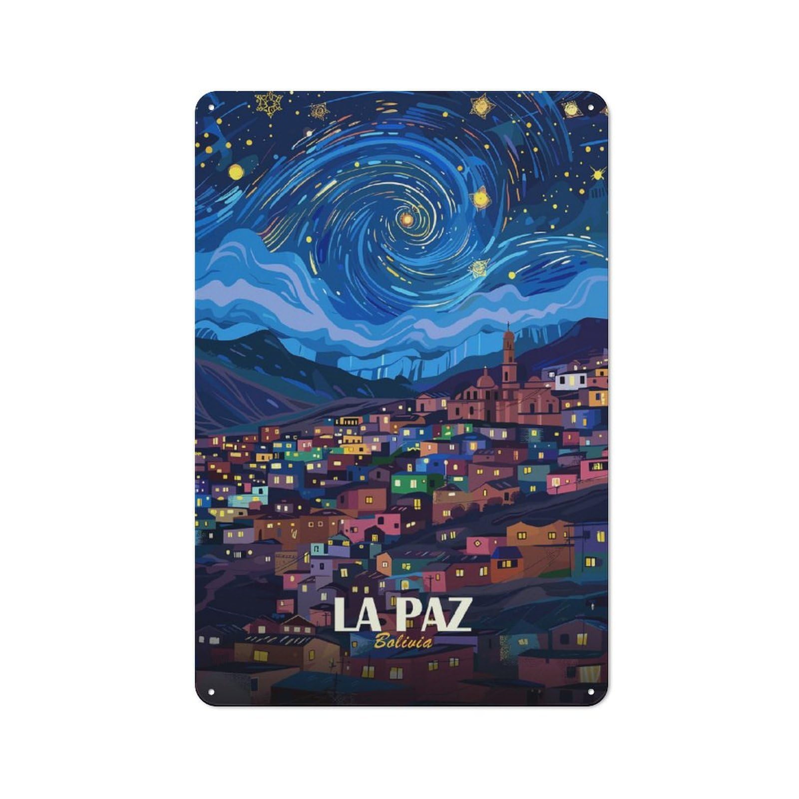 Junmoney Style-6 Creative La Paz, Bolivia, Starry Night Illustration Metal Desk Wall Sign 30X20cm, Study Room Decor For Home Office, Reading Corner Or Bedroom