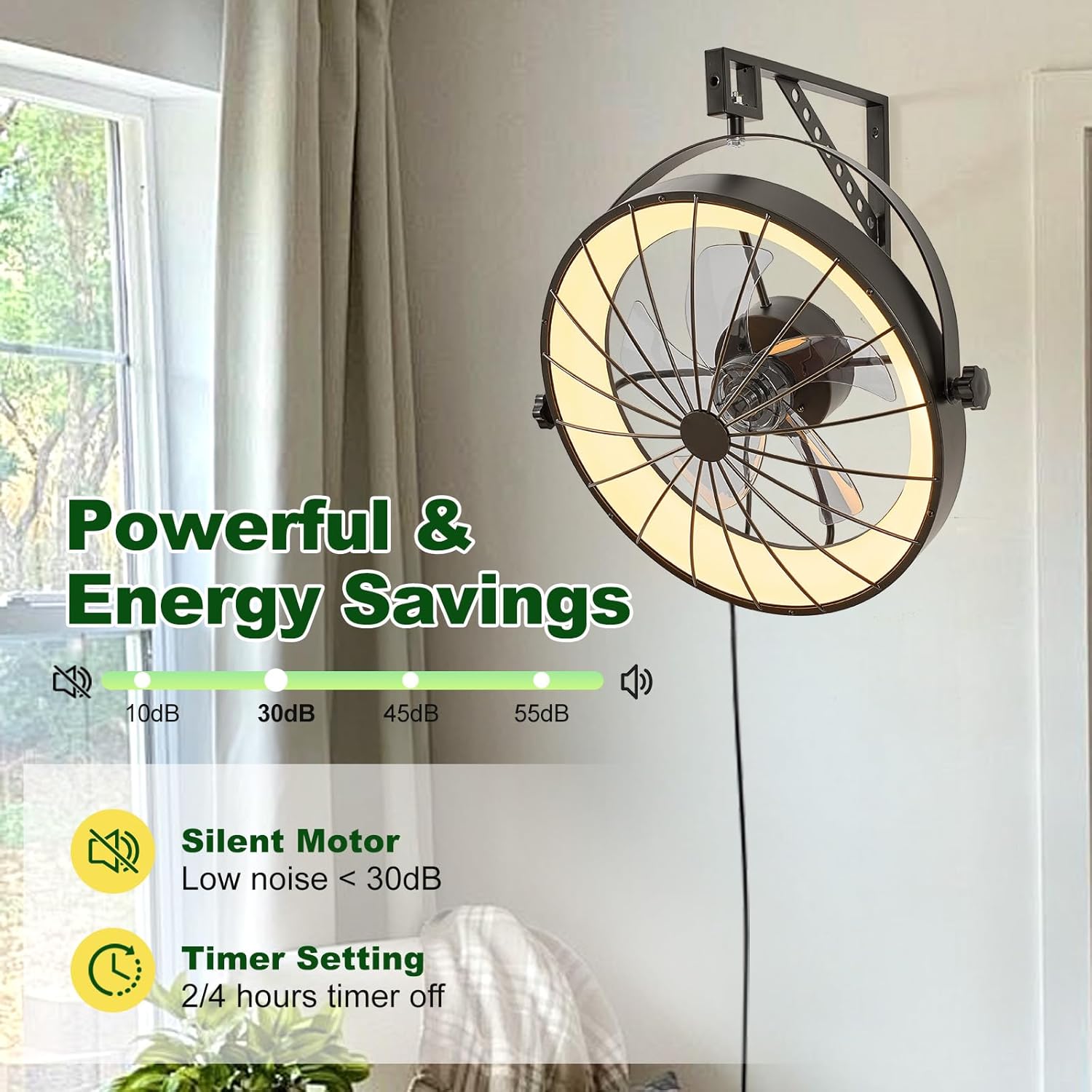 Wall Mount Fan with Remote App Control, 20" Quiet Wall Mounted Fans with Light, 3 Color Dimmable, 360° Adjustable Tilt Plug in Ceiling Fan Indoor Wall Hanging Fan for Garage, Home, Patio
