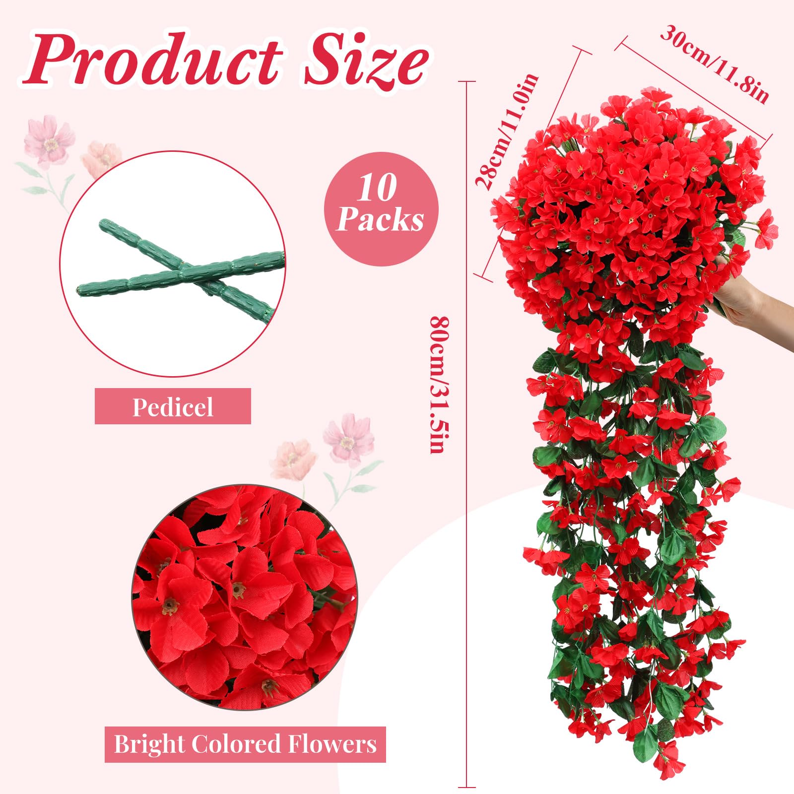 Paquete de 10 flores artificiales colgantes de hiedra violeta, plantas colgantes falsas para pared, hogar, patio, habitación, jardín, boda, interior y exterior, decoración de otoño (rojo)