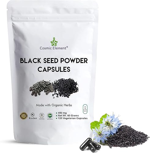 Cosmic Element Cápsula de semillas negras en polvo vegana orgánica Nigella Sativa semillas de comino negro 120 cápsulas