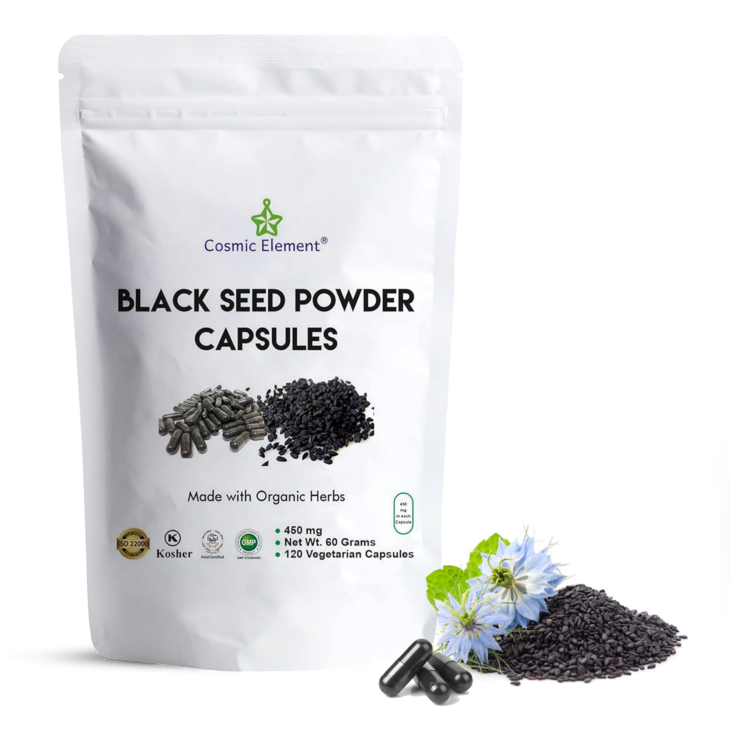 Cosmic Element 100% Pure Black Seed Powder Capsules Organic - Vegan Nigella Sativa 450mg Black Cumin Seeds per Serving for Health - 120 CapsulesUSDA Organic