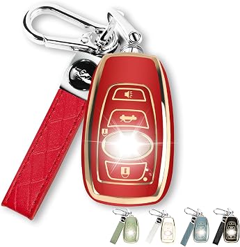 QBUC for Subaru Key Fob Cover Case with Genuine Leather Keychain Red