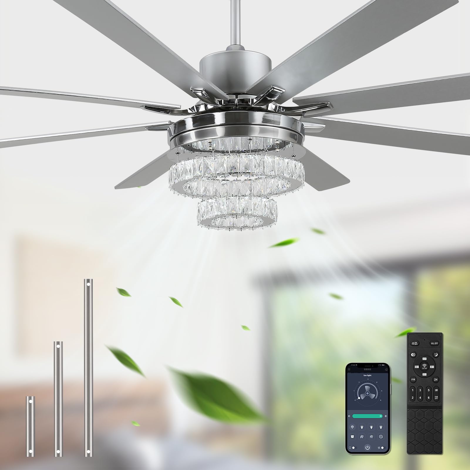 YYEHON 72 inch Crystal Ceiling Fan with Lights and Remote，DIY 3-Style Design，Modern Ceiling Fan for Living Room Patio，6 Speed Reversible DC Motor，8