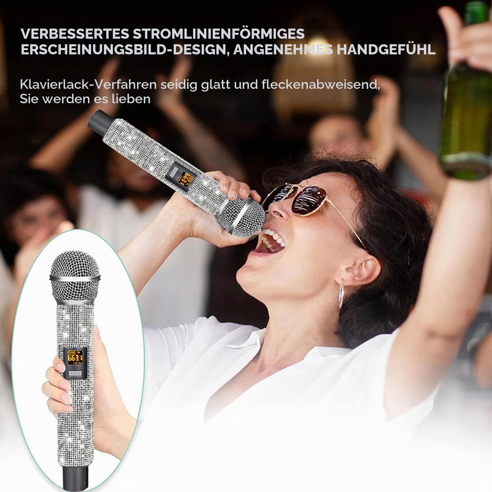 Drahtloses Mikrofon, Kabelloses VHF-Handmikrofon mit Empfänger, 30 M Reichweite, Dynamisches Mikrofon Zum Singen, Karaoke, mit Glitzer-Mikrofonhülle