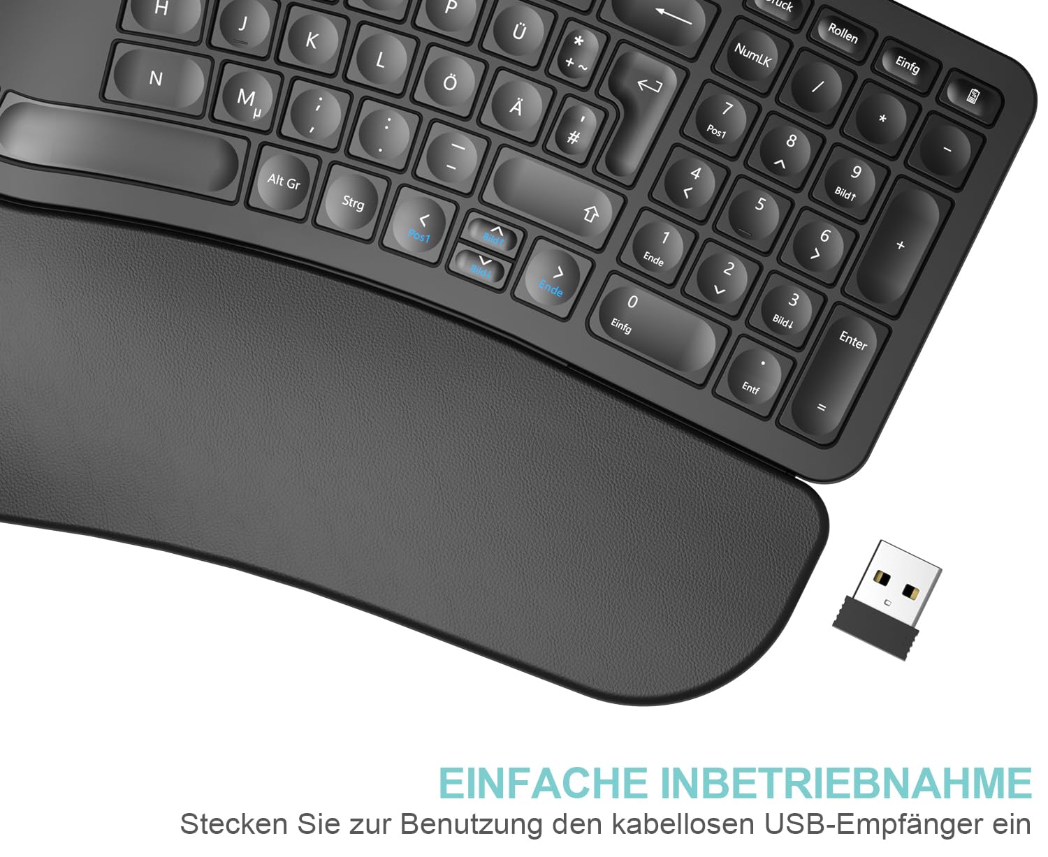 Arteck ergonomisches Split Tastatur mit gepolsterter Handgelenkauflage, 2.4G USB Kabellose Komfortables Split Keyboard mit natürlicher Ergonomie, für Windowscomputer und Laptops