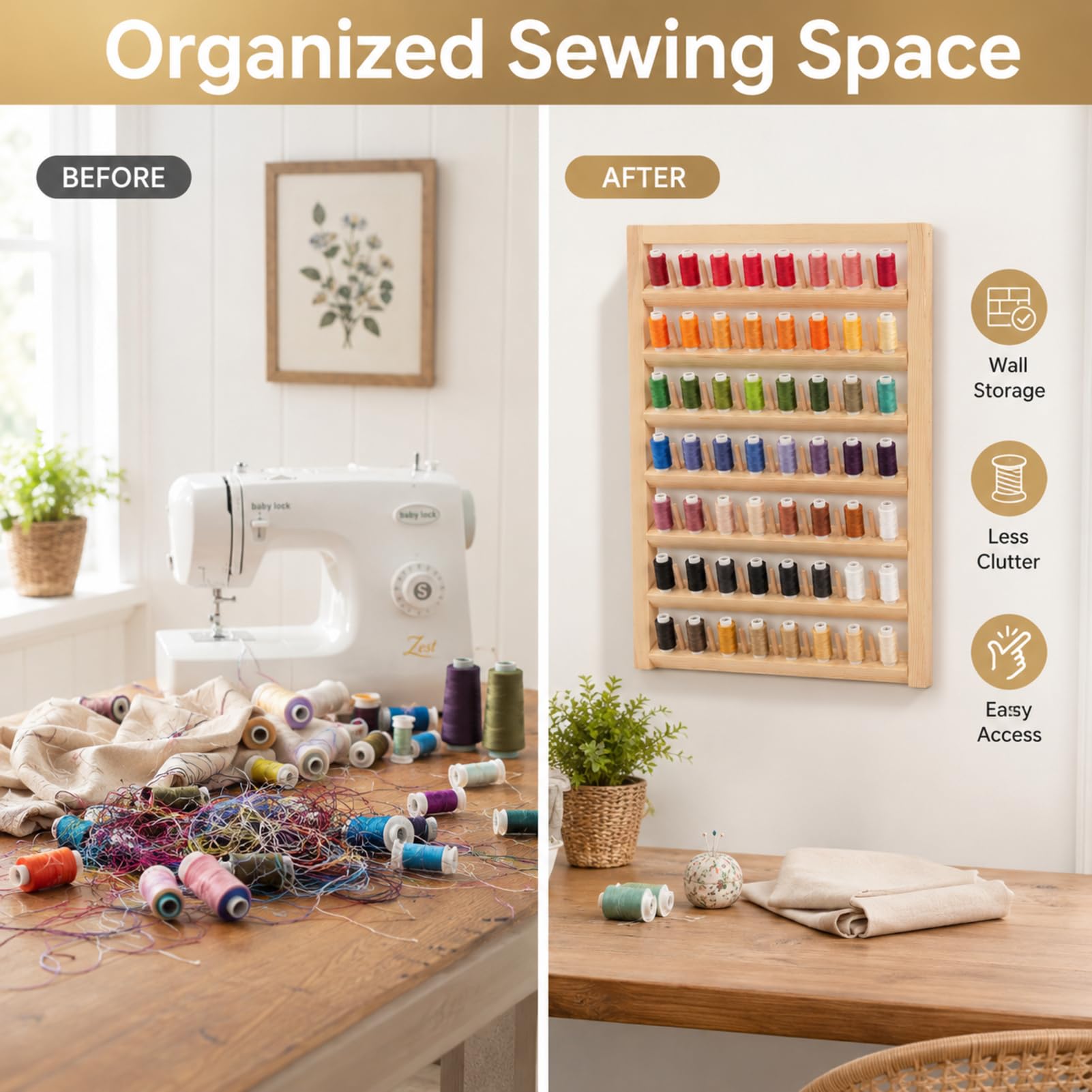 Support de fil à 48 bobines avec crochet de suspension, support mural en bois pour broderie, tressage de cheveux, couture, bricolage, bobine de broderie écologique