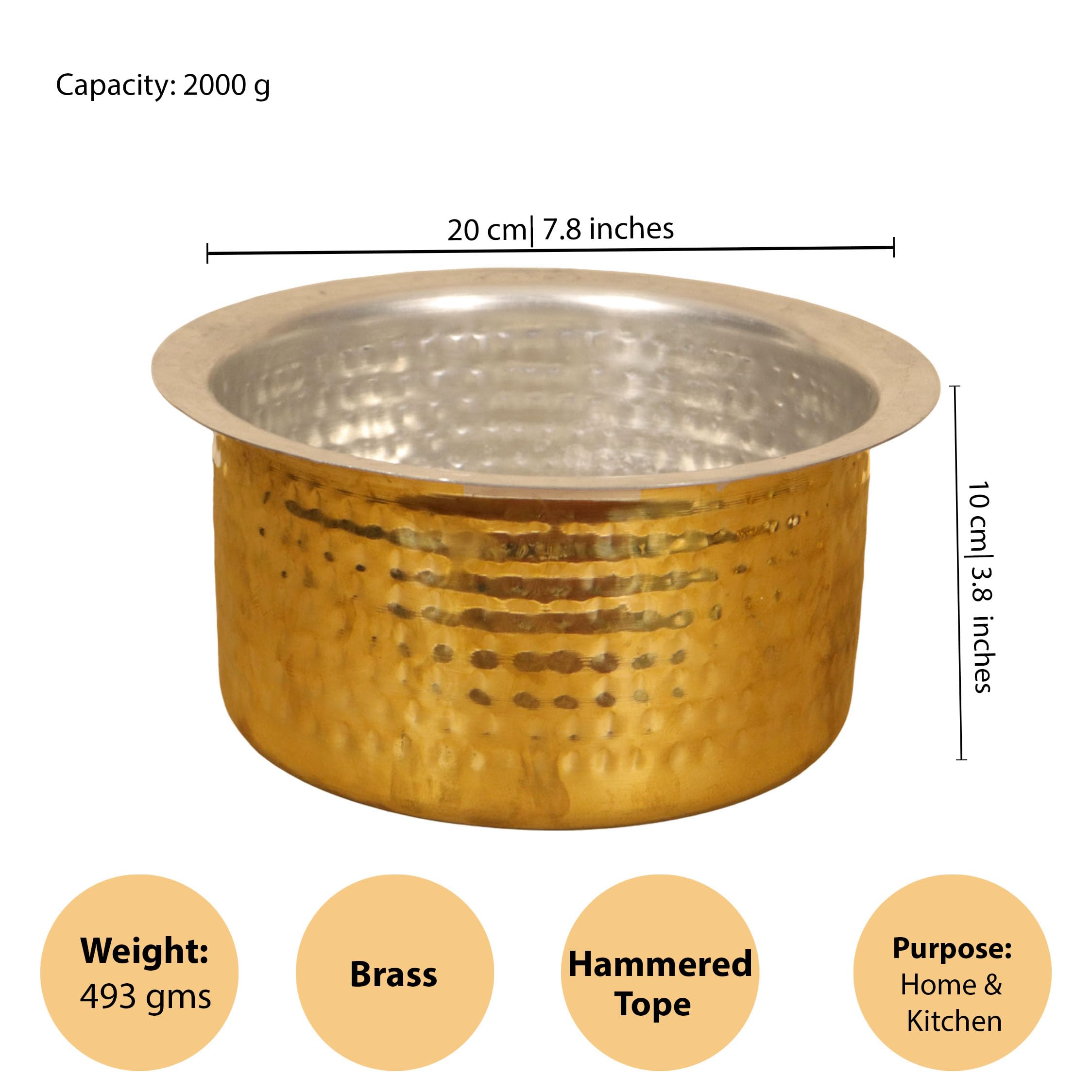 Putrika Brass Utensil Hammered Vadi Chatti with TIN Coating|Tope|KitchenWare|cookware|Brass Pathiram|Patilas|Tapeli|Peetal|Sarva Satti|Bhagoni Set-Hammered Vadi Chatti (Size 4) 3