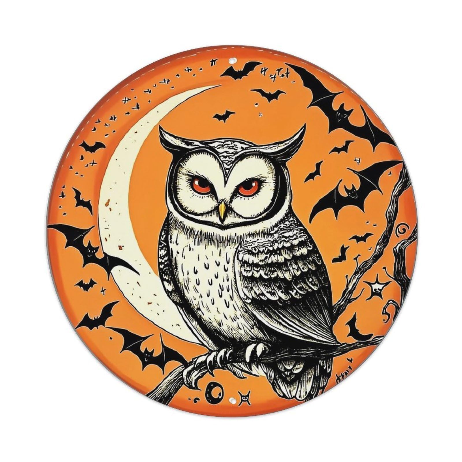 Halloween Owl Moon Bat Pattern Vintage Metal Tin Sign Retro Wall Decor for Home Bar Garage Cafe, Indoor & Outdoor Decorative，circle Metal Poster, 8x8 Inch