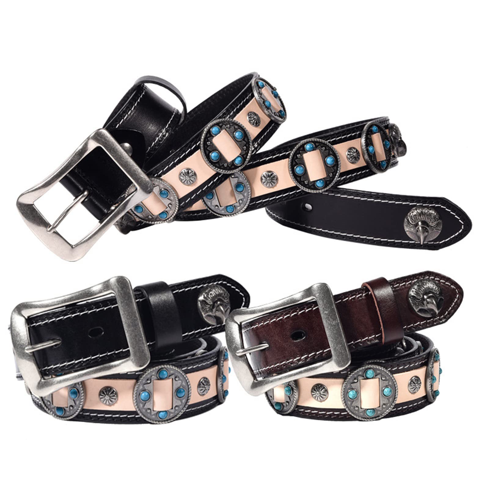 Cintura western in vera pelle per uomo e donna turchese intarsiato con borchie d'aquila con fibbia per cowboy e cowgirl stile country, larghezza 38 mm