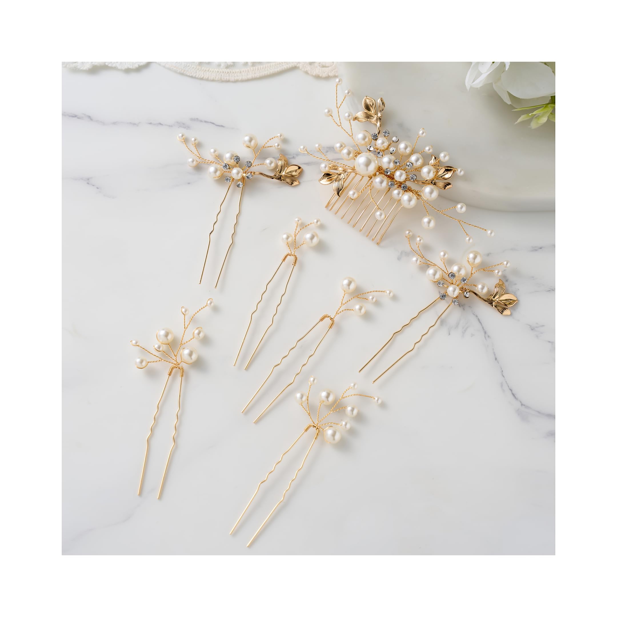 SWEETV 7Pcs Bridal Wedding Hair Accessories, Pearl Hair Comb Pins for Bride Set-A