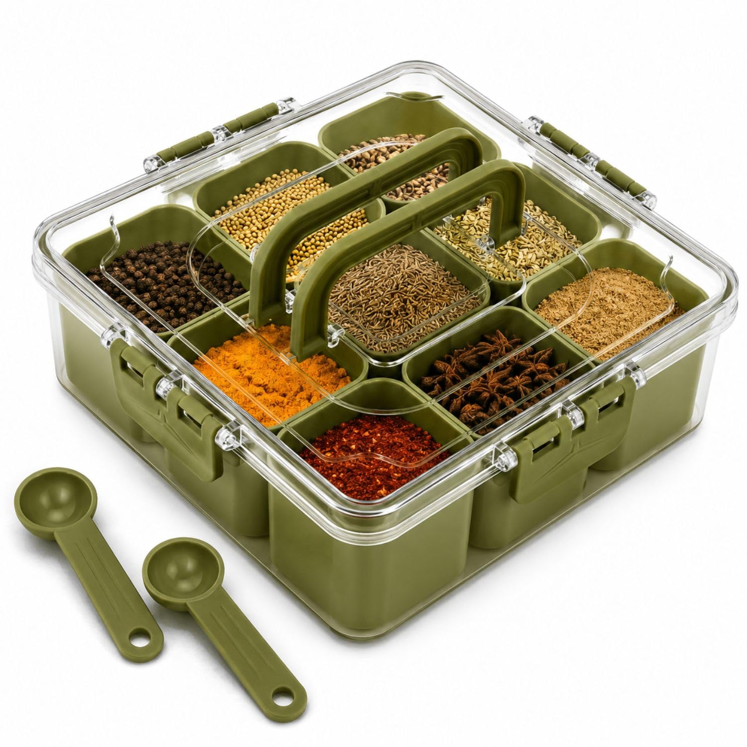 9 Compartment Masala Box with 2 Spoons | Airtight Spice Organizer with 4 Side Lock | BPA Free Food Grade Plastic Storage Container | Transparent Masala Dabba for Kitchen-image-24