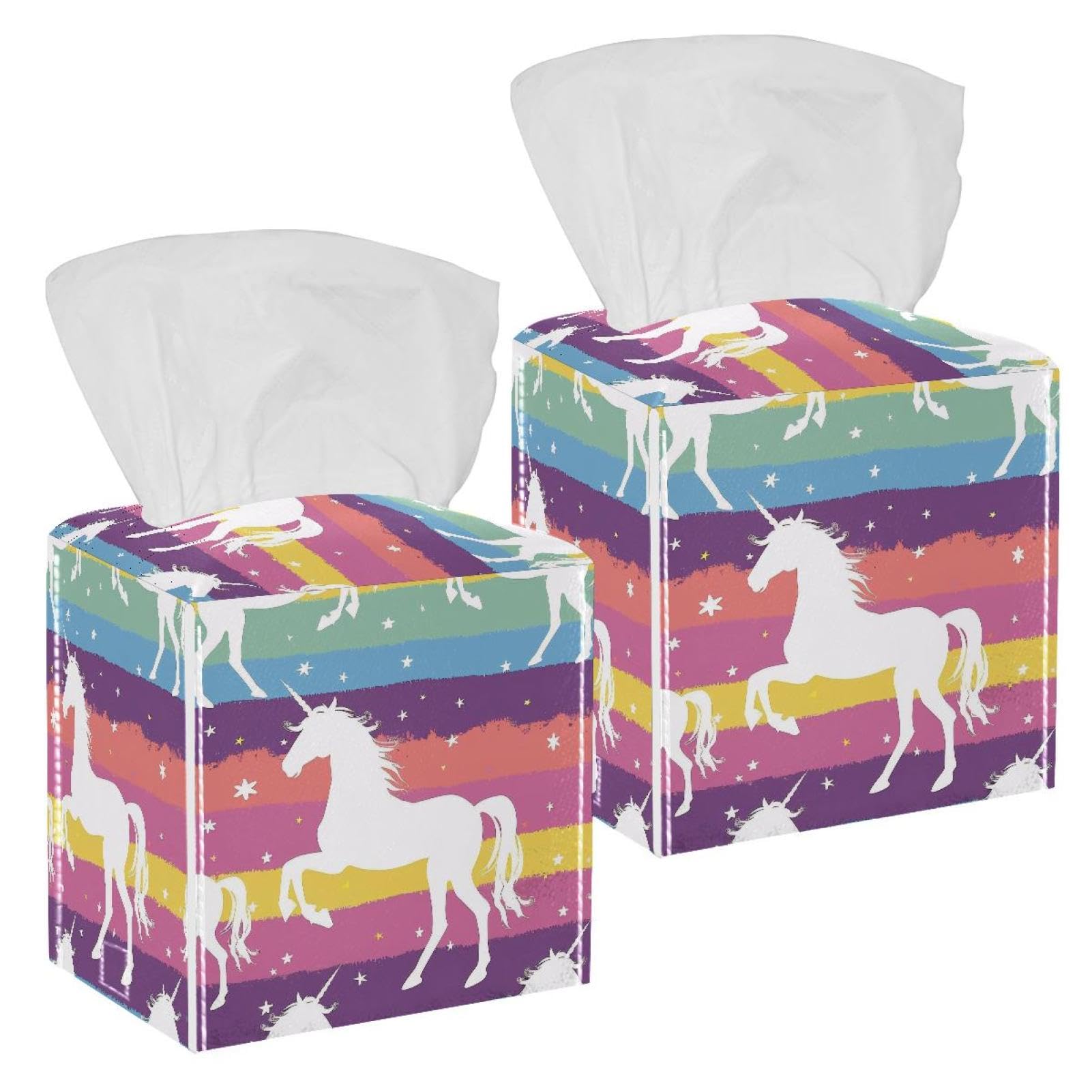Unicorn Rainbow Tissue Box Cover, 2 Pack PU Leather Square Facial Tissue Dispenser Box holder for Home Office Car