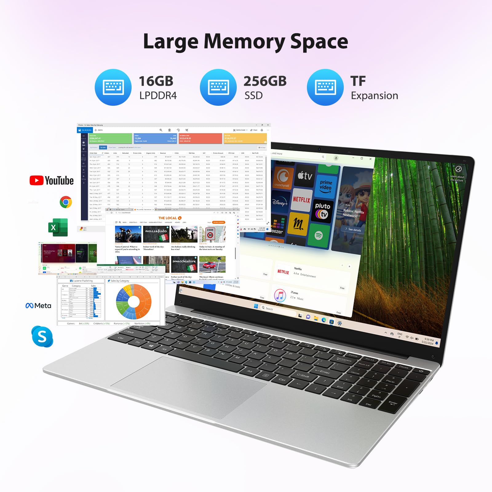 PC Portatile 15.6 Pollici, N95(Fino a 3,4 GHz) Win11 Notebook, 16GB DDR4 512GB SSD TF 1TB, 1920*1080 FHD, Tastiera retroilluminata/Numerico con Pellicola Italiana, 5G WiFi/USB-C/BT5.0/USB 3.0/HDMI