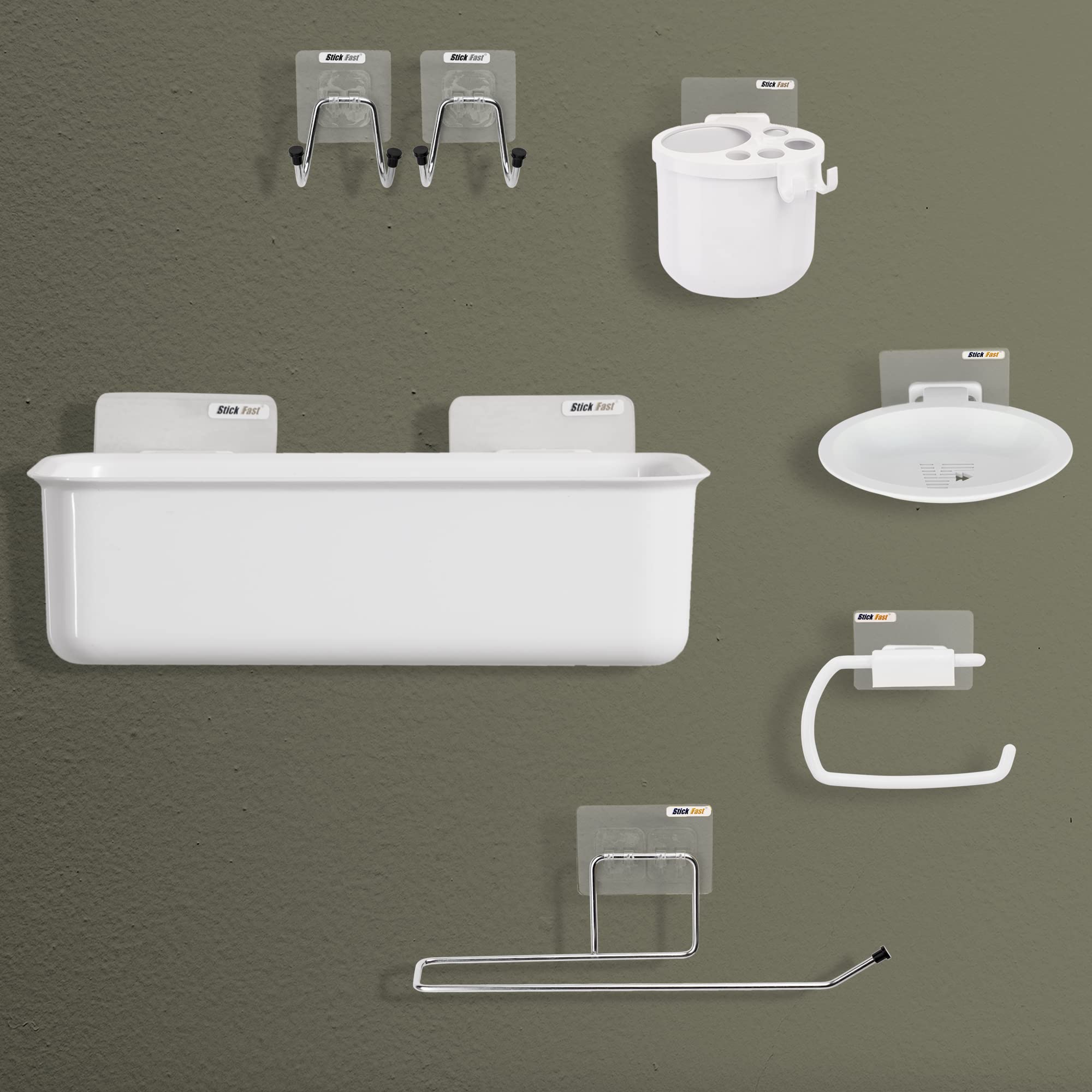 SF - Stick Fast Self-Adhesive Bathroom Combo Set Pack of 6pcs with 3M Sticker for Wall Mount for Home, Kitchen (Double Hook, Toothbrush Holder, Soap Holder, Toilet Paper Holder & Bathroom Shelves) (B0BR1BQCBF) Amazon Price History, Amazon Price Tracker