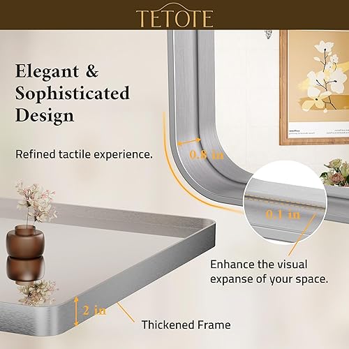 Miniatura 4 de TETOTE Espejo de tocador plateado de 60 x 30 pulgadas, espejo rectangular de metal cepillado con marco de metal para baño, espejo de esquina redonda