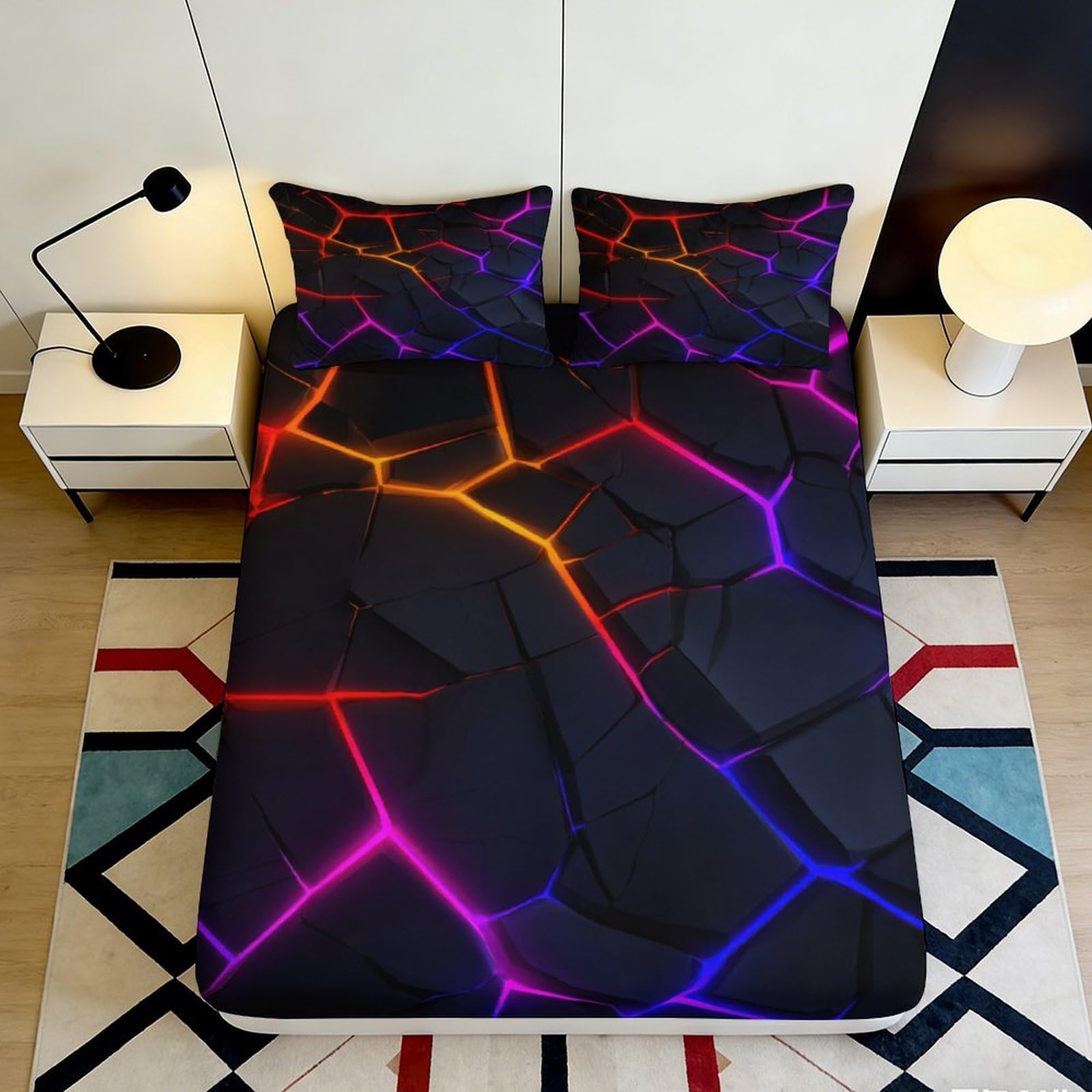 3D Printed Neon Lava Fitted Sheet Microfiber Soft Breathable Cracked Stone Mattress Cover for Bedroom Dorm Decor 120x200cm 180x200x25cm