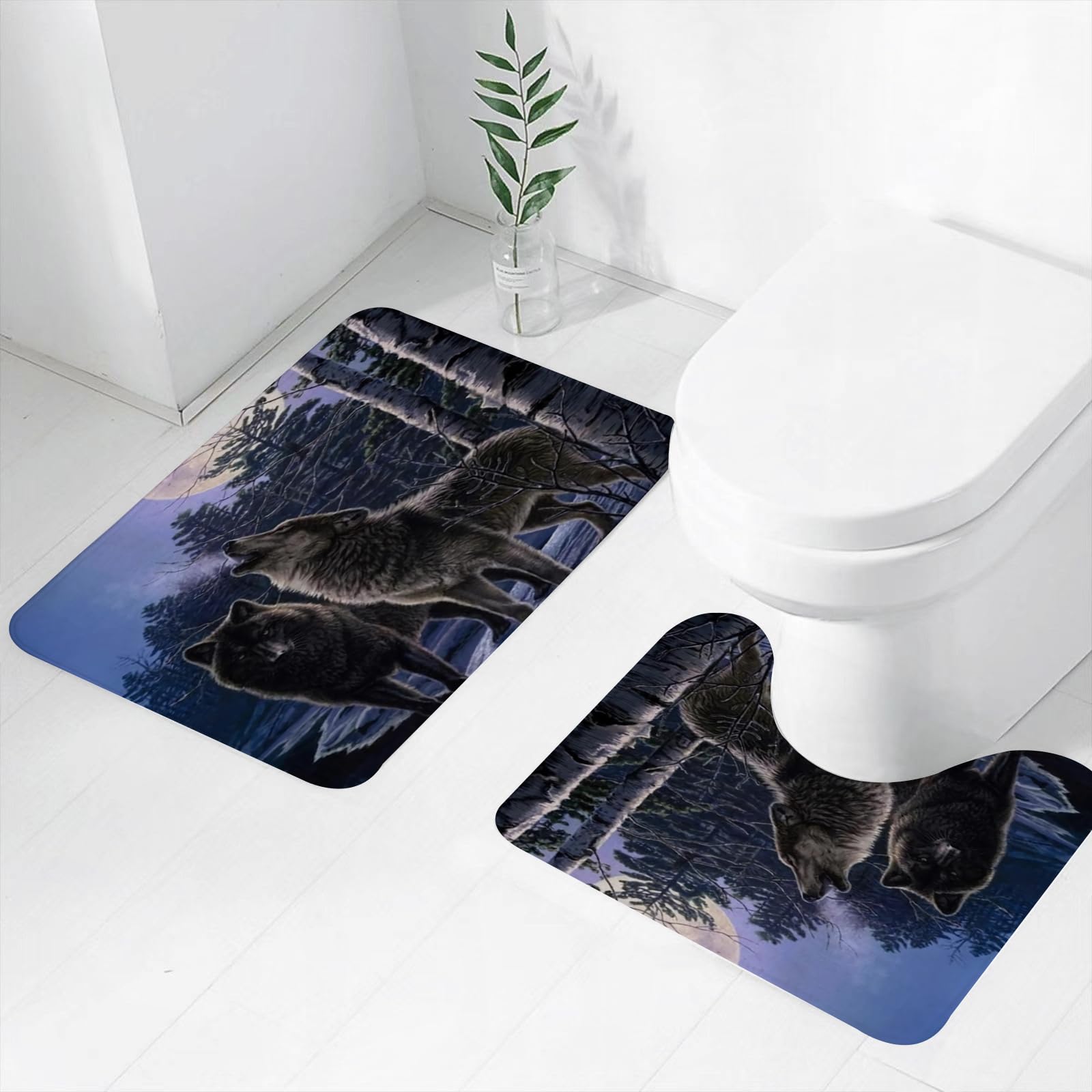 Set di 2 tappetini da Bagno, Lavabili in Lavatrice e Antiscivolo, tappetini in Morbida Fibra Superfine, Lupo (3)