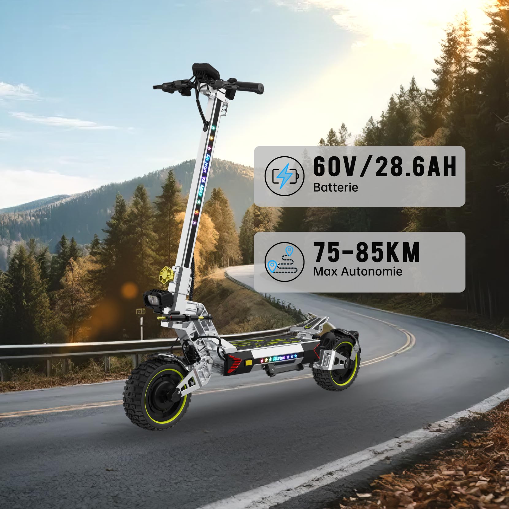 Trottinette Électrique Pliable pour Adulte, 2 Moteur Puissant, Batterie 60V 28.6Ah, Autonomie Max 75-85KM, Pneus Tout-Terrain 10.5 Pouces, 3 Modes De Vitesse, Écran Intelligent