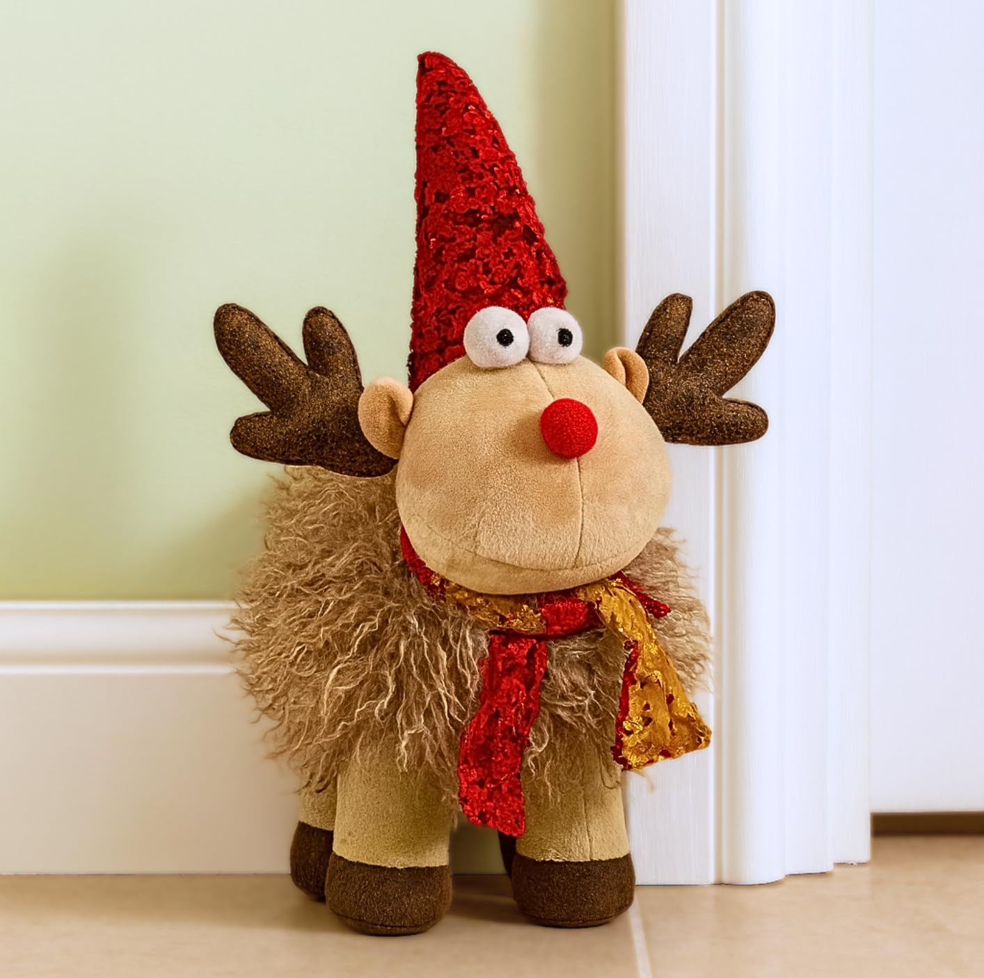 Marco Paul Interiors Women's Plush Reindeer Marco Paul 38Cm Christmas Reindeer Ornament - Freestanding Weighted Plush Deer With Sequin Santa Hat - Novelty Christmas Decorations For Decorative Door Stop, Home Decor, Centrepiece & Gift Idea