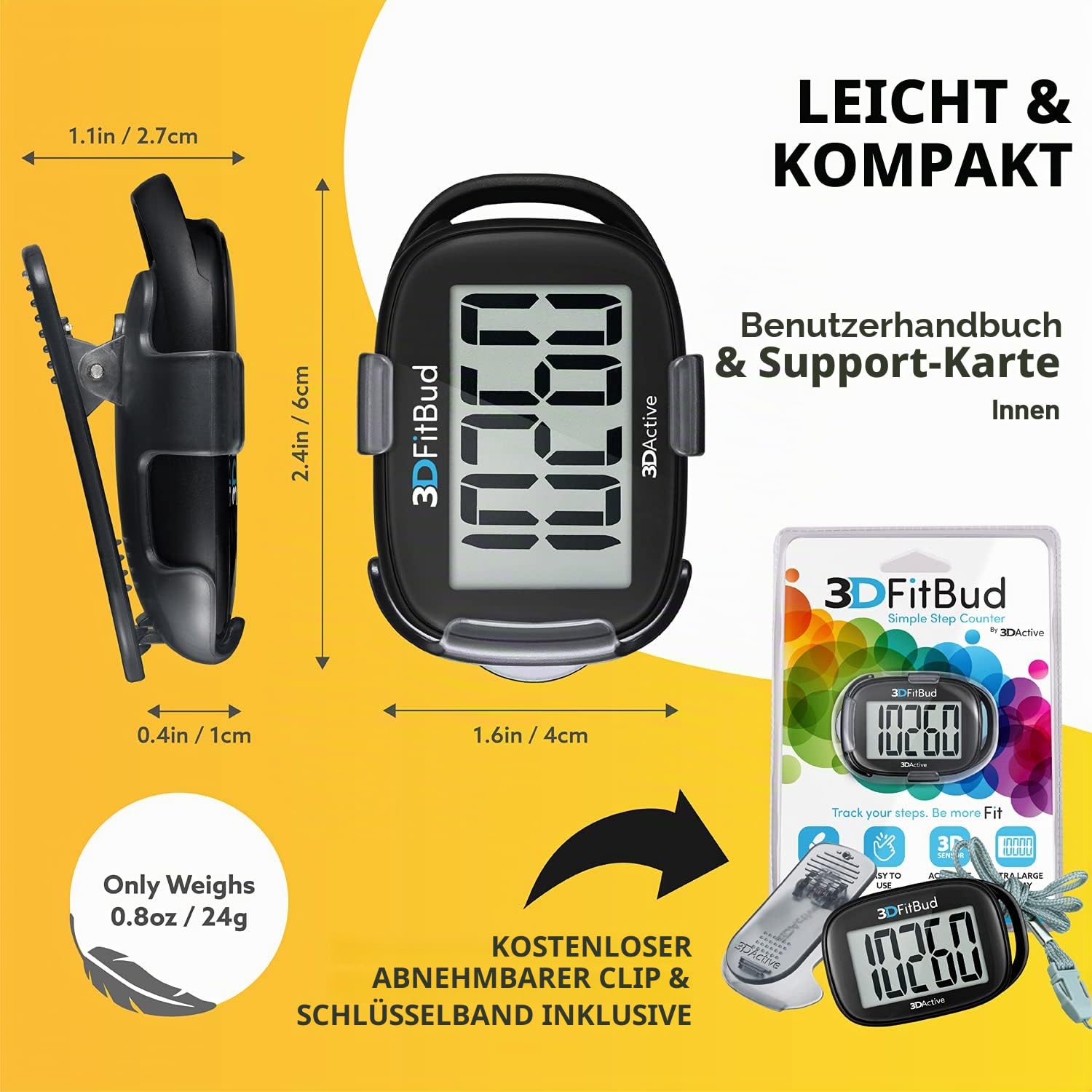 3DFitBud Einfacher Schrittzähler 3D von 3DActive mit Clip Lanyard Präziser Schrittzähler Großes Display Einfach Zu Verwenden Für Kinder Männer Frauen Erwachsene Senioren - A420S