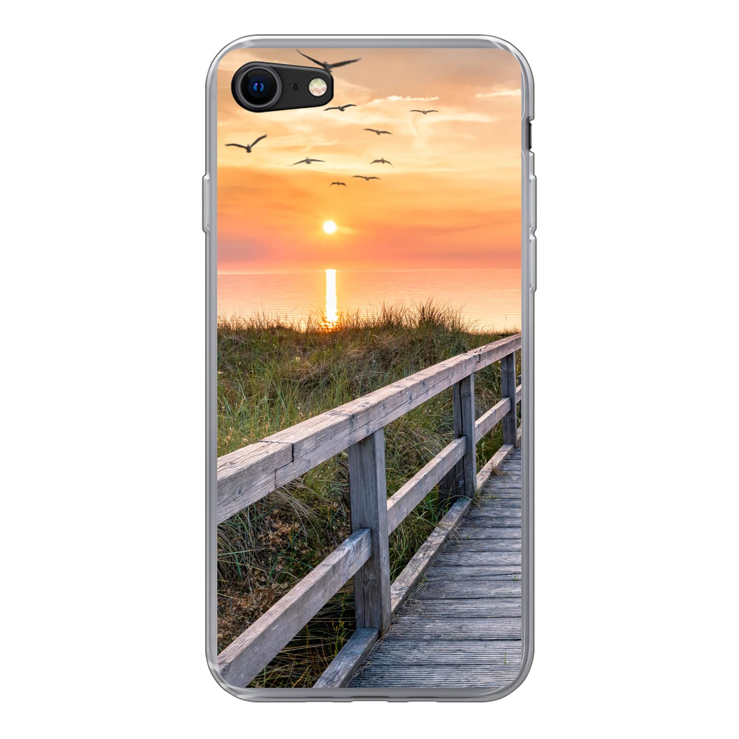 MuchoWow Funda para iPhone 7 - Puesta de Sol - Mar - Camino - Hierba - Duna - Pájaros - Funda de Silicona/Funda Blanda para teléfono móvil