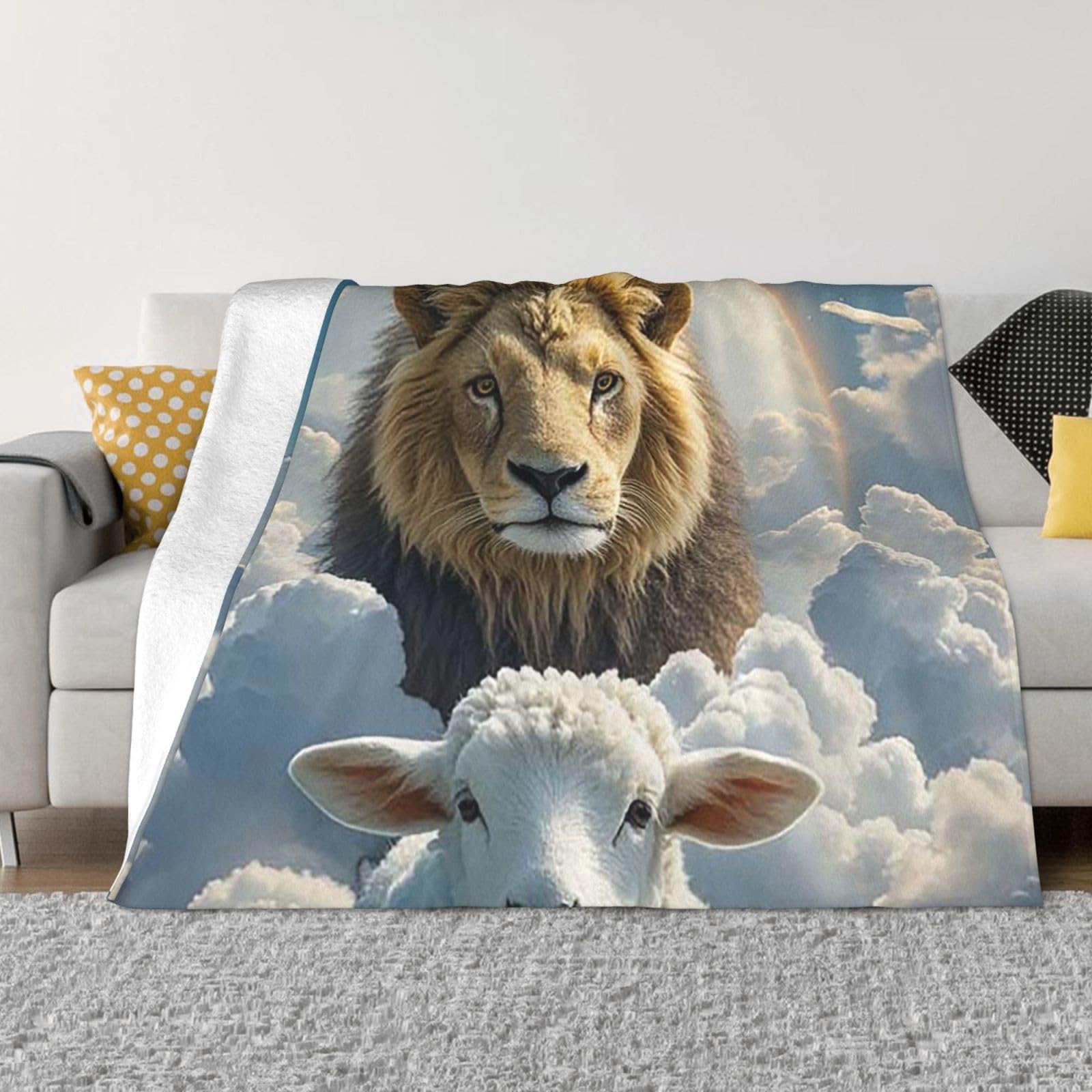 Throw Blanket 60"x50" Bed Blanket Lamb with A Lion Clouds Flannel Blankets for Sofa Reversible Plush Blanket Soft Cozy Throw Blankets for Couch Camping All Seasons