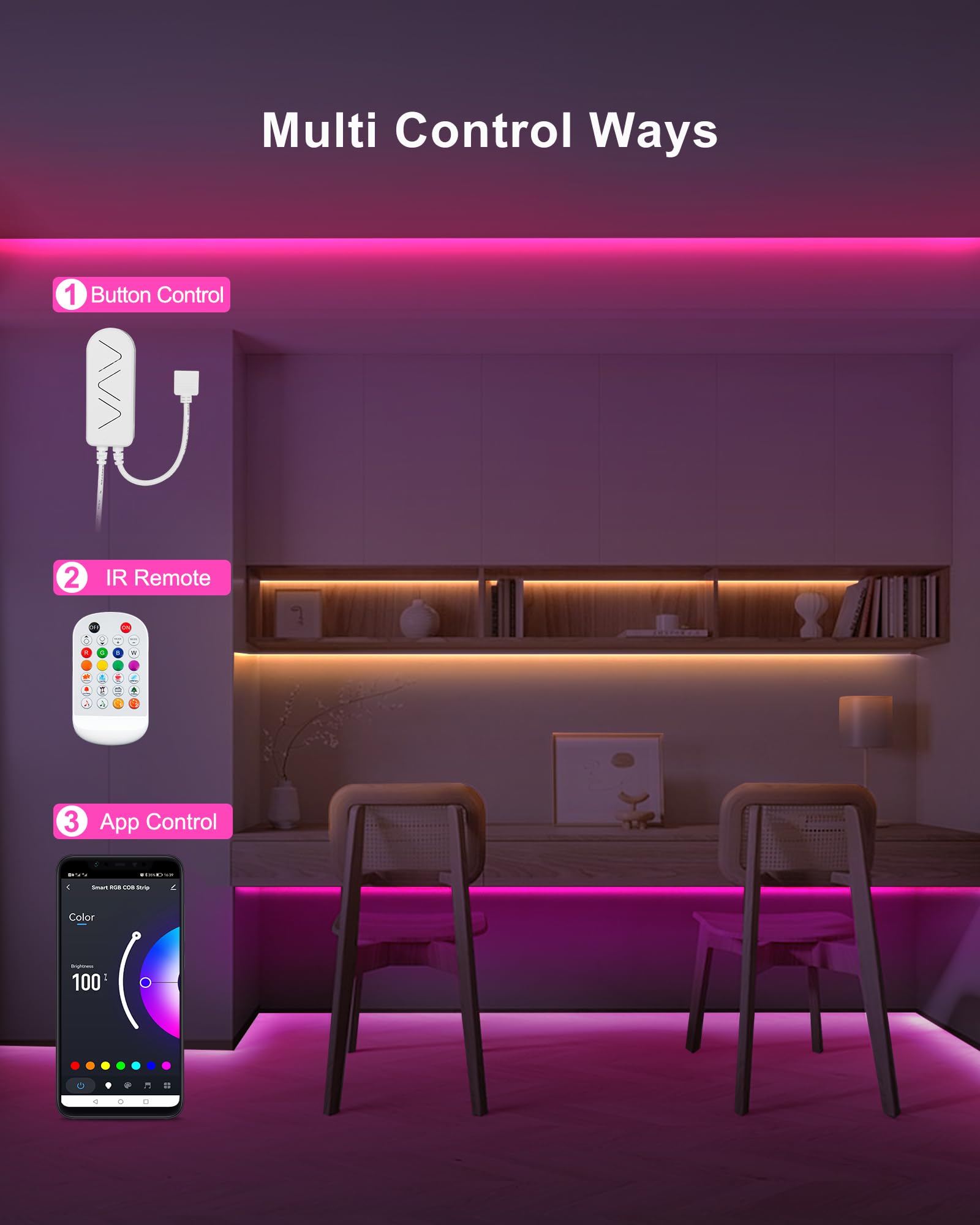 Tatazone - Striscia luminosa LED COB Bluetooth RGB COB con telecomando, applicazione intelligente dimmerabile, striscia luminosa LED COB, sincronizzazione musicale che cambia colore, luci LED COB per