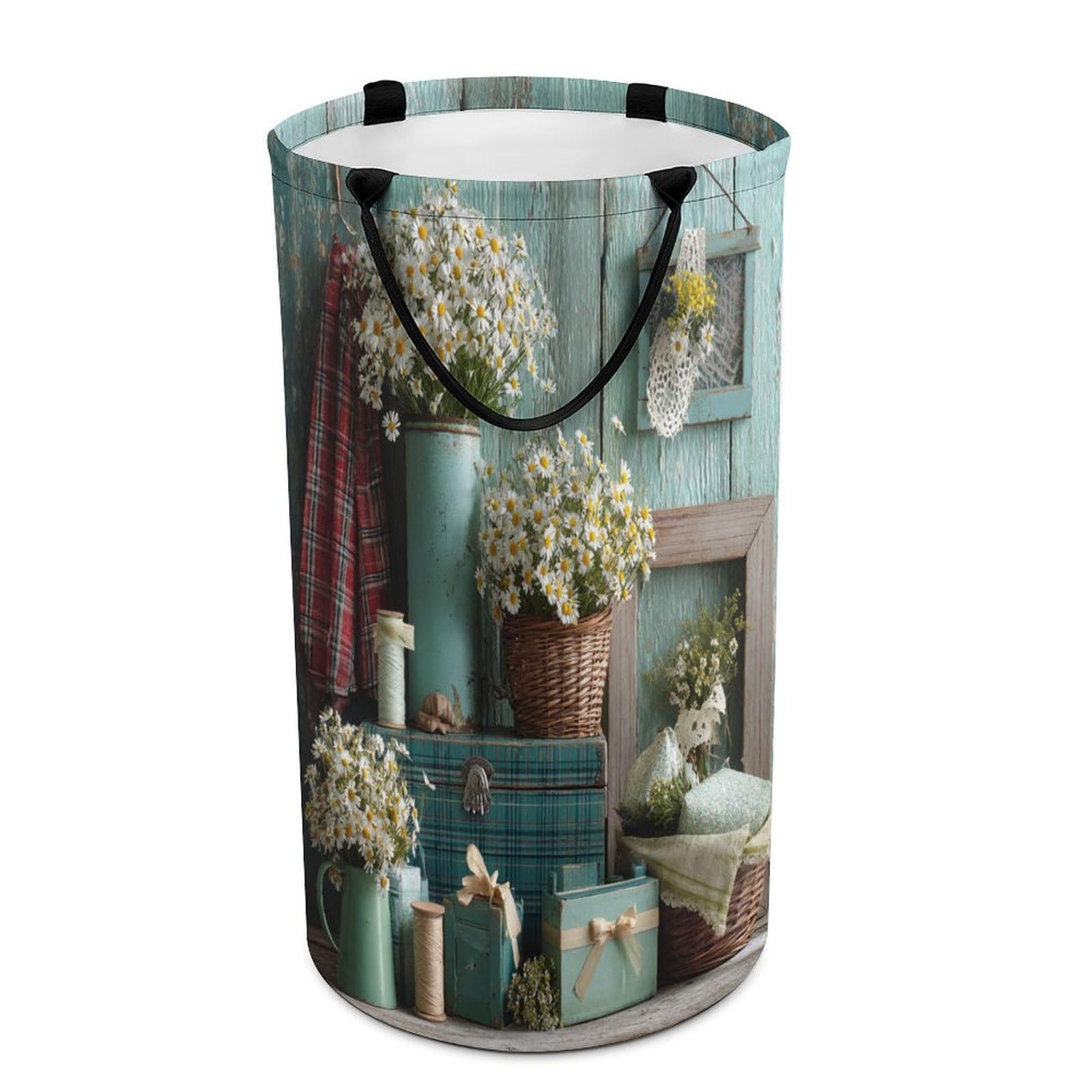 LUYYSKY Retro Abstract Daisy Flowers Versatile Storage Laundry Basket, Colorful Beautiful Country Farm Farmhouse Daisies Floral Large Capacity Bathroom Hamper With Handle