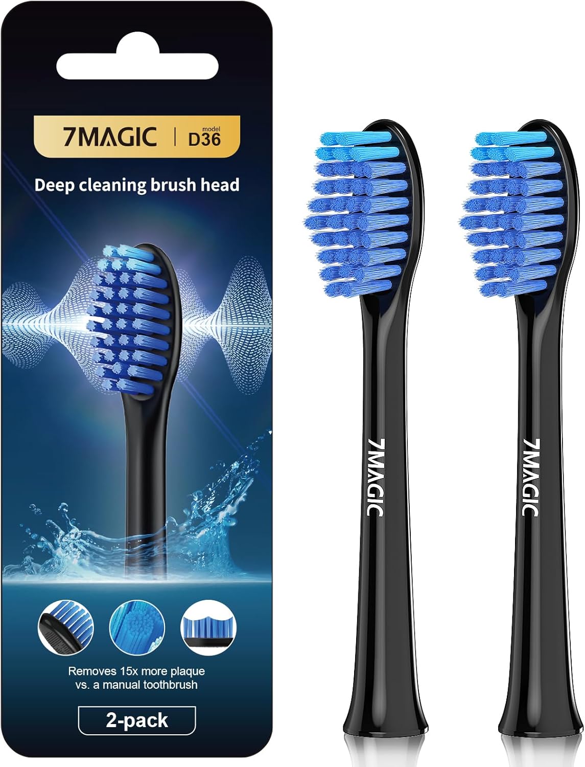 Two 7MAGIC D36 Toothbrush Replacement Brush Heads in black, packaged.