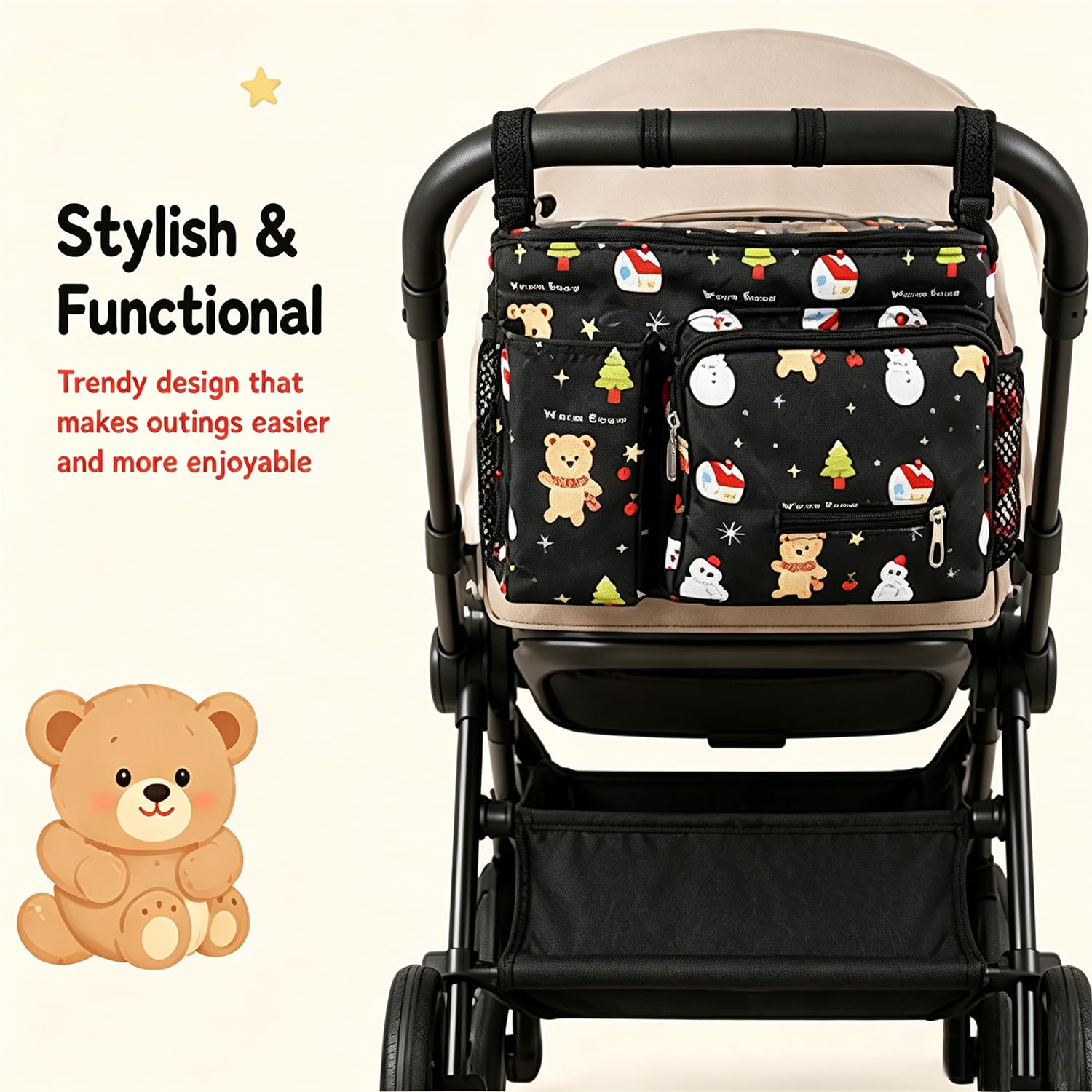 Kinderwagen-Organizer-Tasche, universeller Kinderwagen-Caddy mit Getränkehaltern, große Kapazität, Aufbewahrungstasche für Windeln, Spielzeug, Snacks, passend für die meisten Kinderwagen