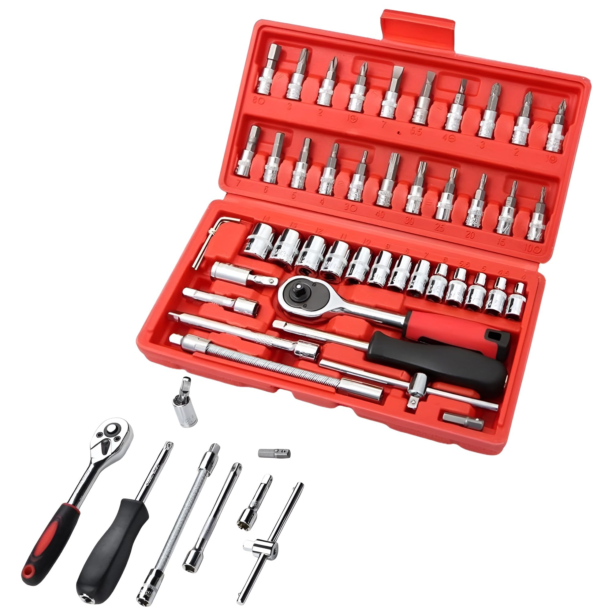 BORTONY 46 Pieces Socket Ratchet Torque Wrench Set Extension Hand Tool Kit For Home Repair Maintenance DIY Hand Toolbox Portable Carbon Steel Hardware for Home, Bike, Car, Repair Electric Appliances