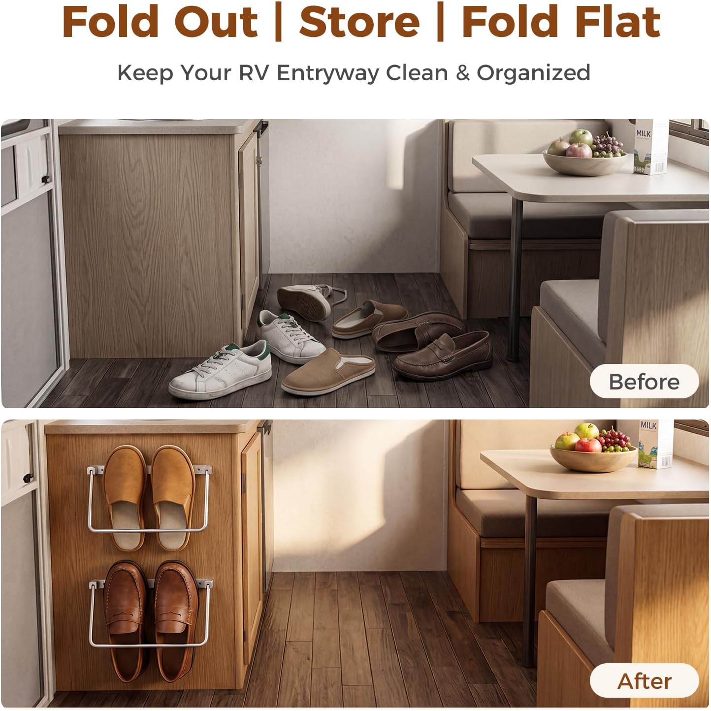 Aluminum Foldable RV Shoe Rack 4 Pack with Wall Anchors | Wall-Mounted, Space Saver, Rustproof, Camper Organizer, Works with Boots & Sandals, Sneakers & Slippers