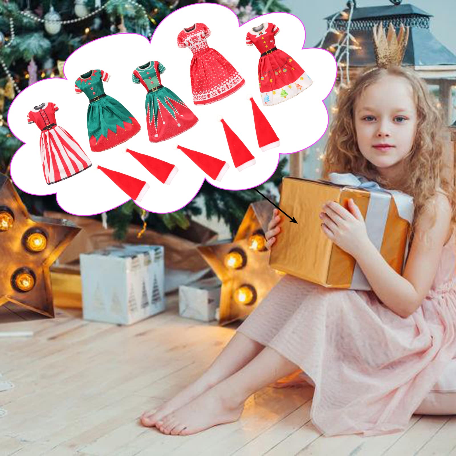 5 piezas de 11.5 pulgadas, vestido de Navidad para niña, incluye sombreros para decoración de casa y muñeca para Navidad, vestido rojo y verde para trajes de muñeca de 11.5 pulgadas 3