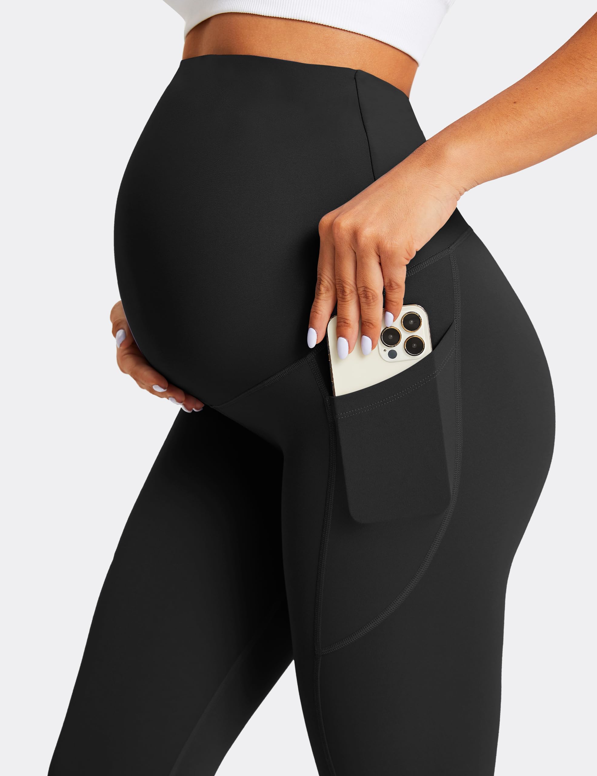BAYDI Leggings premaman da donna con tasche, opachi, lunghi per gravidanza, a vita alta, morbidi, elastici, per gravidanza