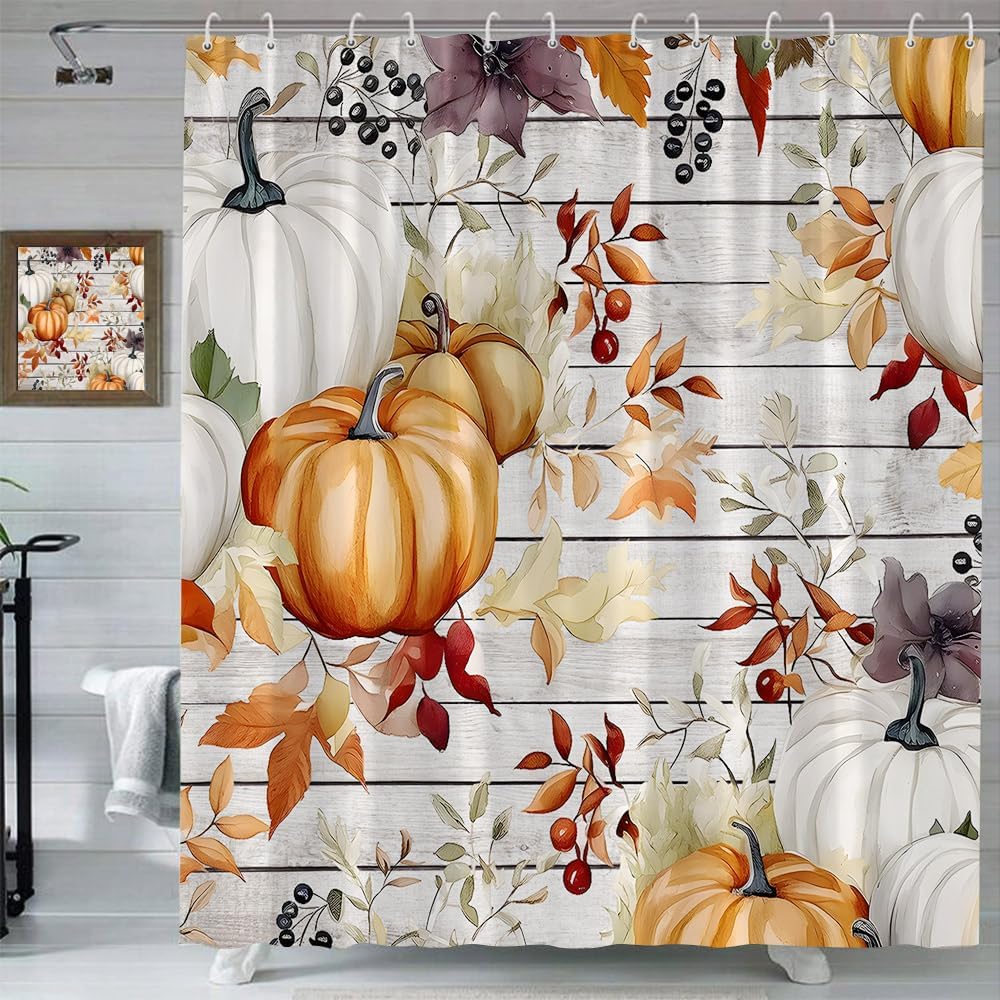 Autumn Boho Pumpkins Shower Curtain Watercolor Floral Leaves Plants Leaf Rustic Fall Thanksgiving Harvest Barn Wooden Plank Halloween Farmhouse Country Fabric Decor Bathroom Curtains with Hooks…