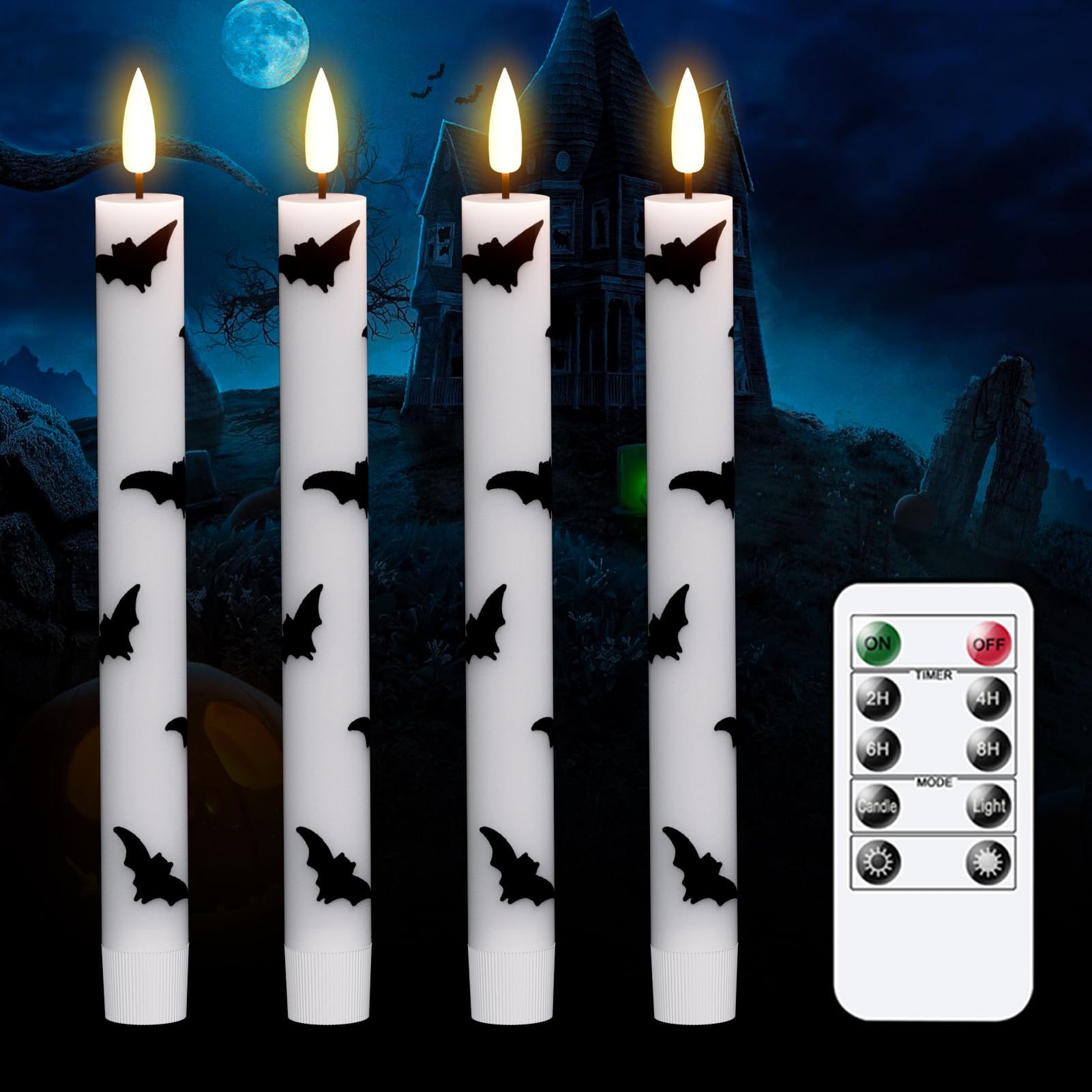 GenSwin Candele coniche senza fiamma per Halloween, confezione da 4 candele a LED coniche a batteria con timer remoto, candele senza fiamma tremolanti in vera cera bianca con stampe di pipistrelli per