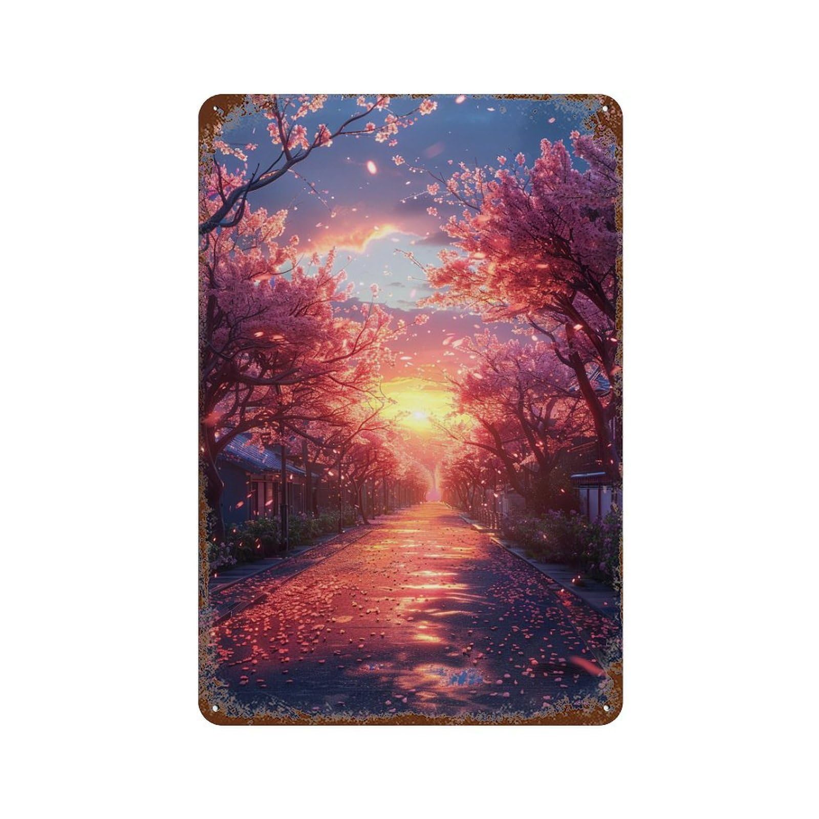 Weathered Tin Sign Cherry Blossom Pathway Sunset 11.8"x7.9", Rustic Home Decor for Basement, Hobby Room And Garage Decor