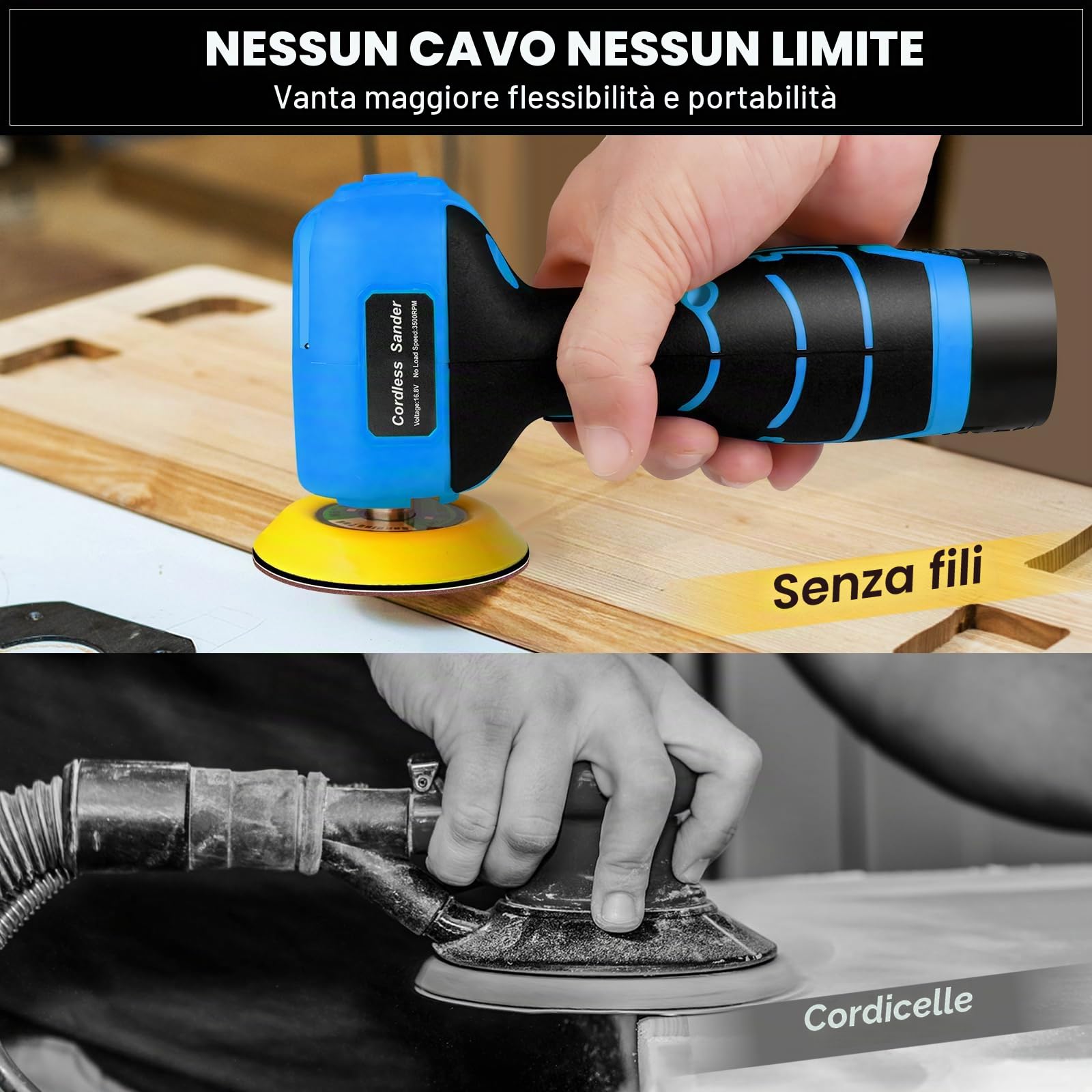 Levigatrice elettrica senza fili da 16,8 V con 36 carte vetrate, 3500 giri/min, batteria da 3,0 Ah, design leggero e compatto per legno, metallo, rimozione della vernice e progetti fai da te