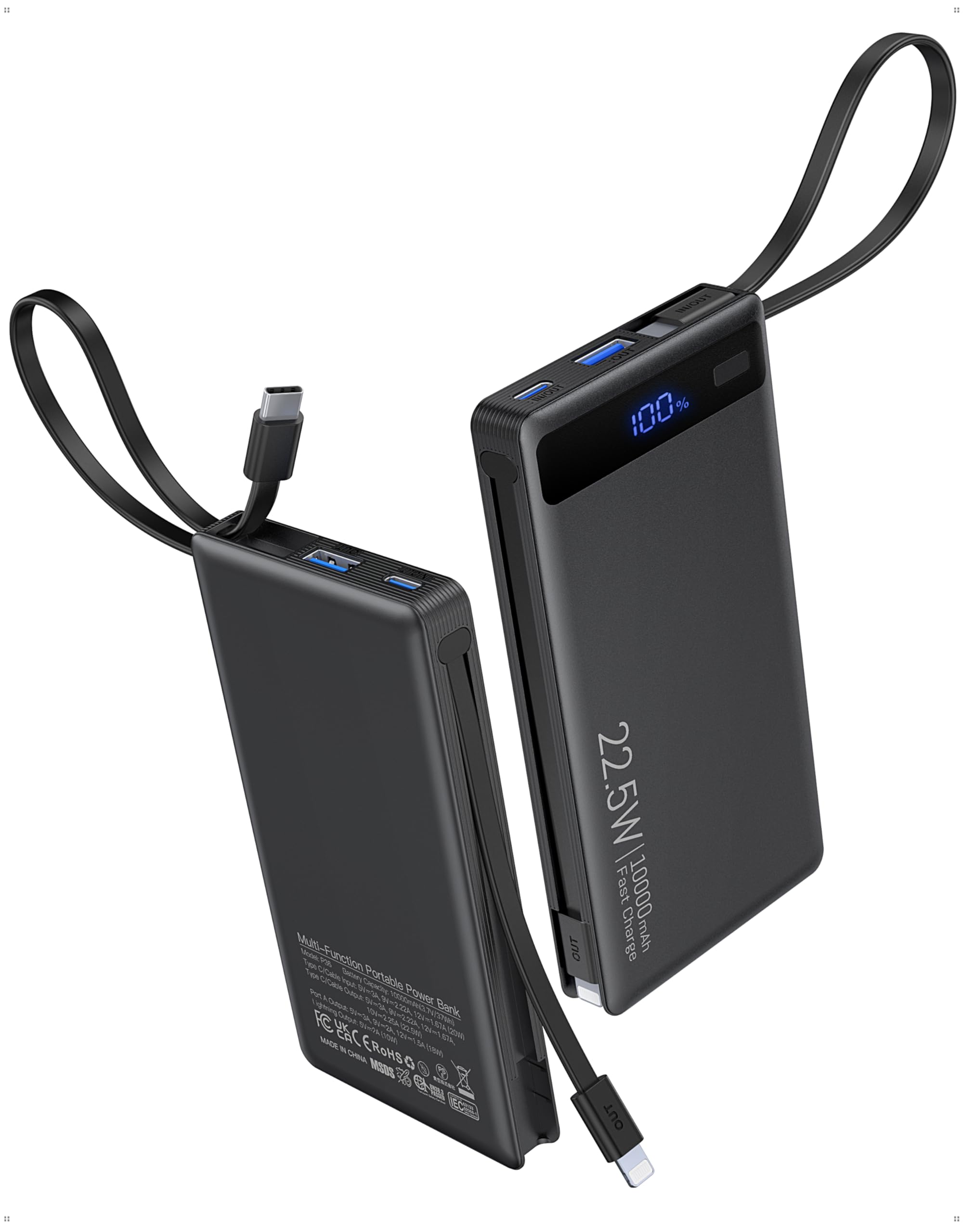 The TEMINICE 10000mAh power bank features integrated cables and a slim profile for easy portability.