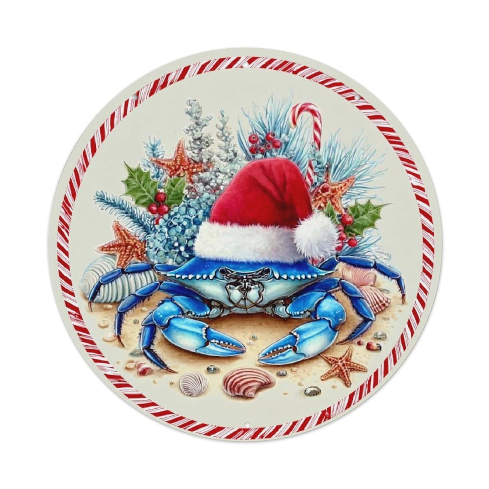 Christmas Crab With Santa Hat Retro Metal Sign Round Tin Sign, Vintage Decor Art Poster for Bar, Home, Man Cave, Kitchen, Laundry Room Gift 8x8Inch
