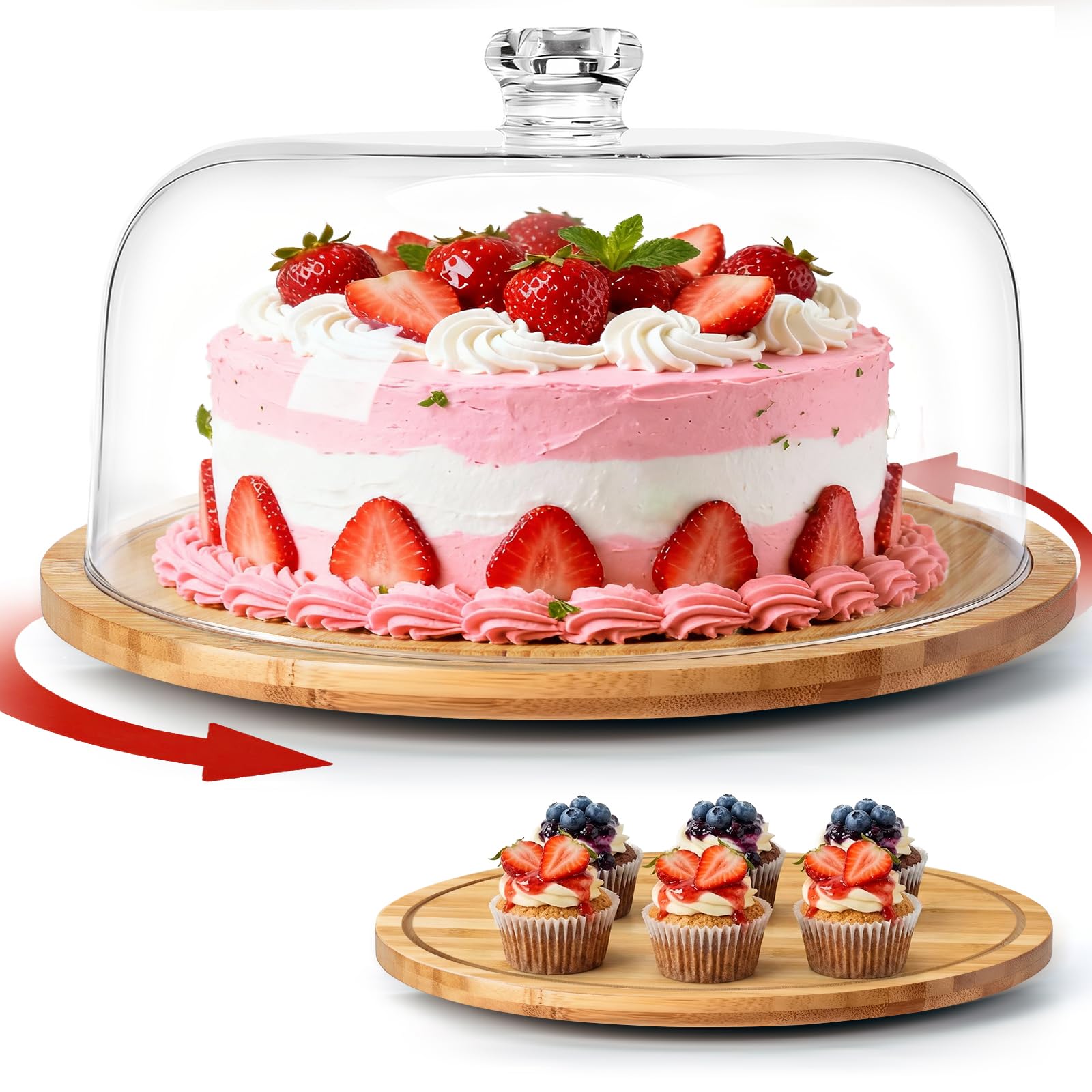 Masthome Cake Stand with Lid, 12 Inch Wooden Cake Plate with Clear Dome, Cake Dome with Acrylic Cover, Rotating Cake Display Stand for Kitchen Birthday Picnic Party Wedding, Food Serving Platter Stand