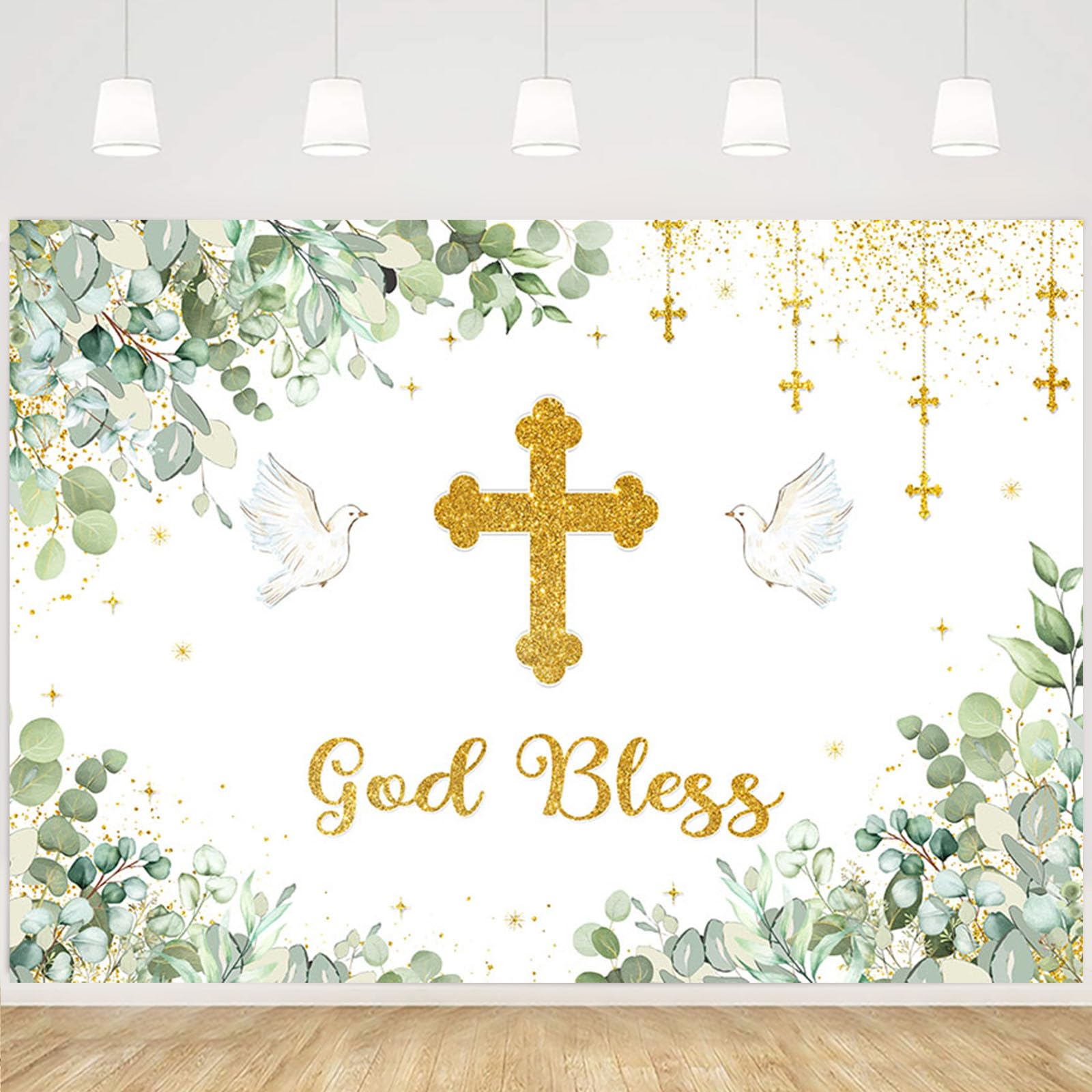 MEHOFOND God Bless Backdrop Greenery First Holy Communion Baptism Christening Party Decorations Green Eucalyptus Baby Shower Party Banner Photo Shoot